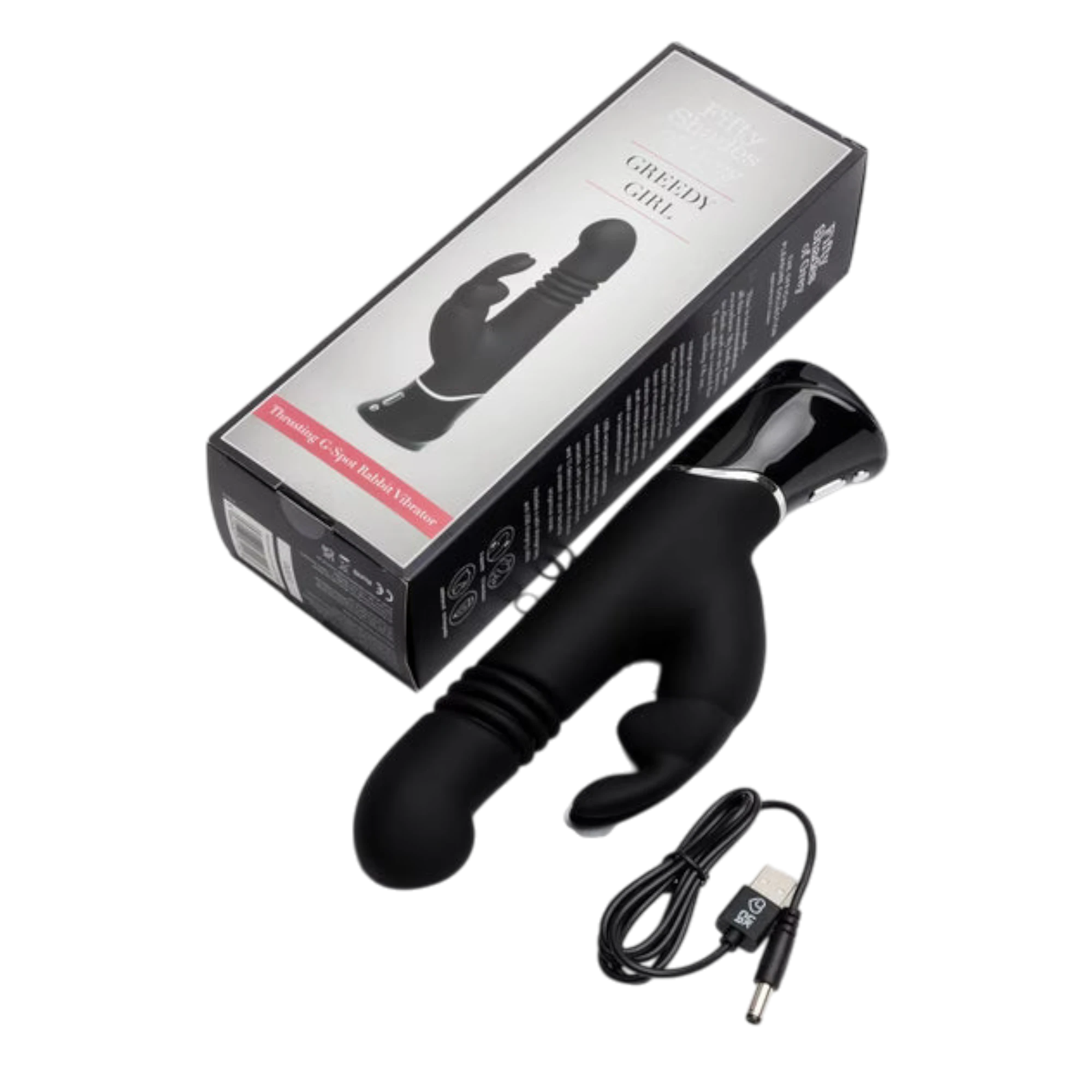 Fifty Shades of Grey Greedy Girl thrusting rabbit vibrator set displayed showing black dual-stimulation rabbit vibrator, product packaging box with 'Greedy Girl' text and product image, and black USB charging cable against transparent background