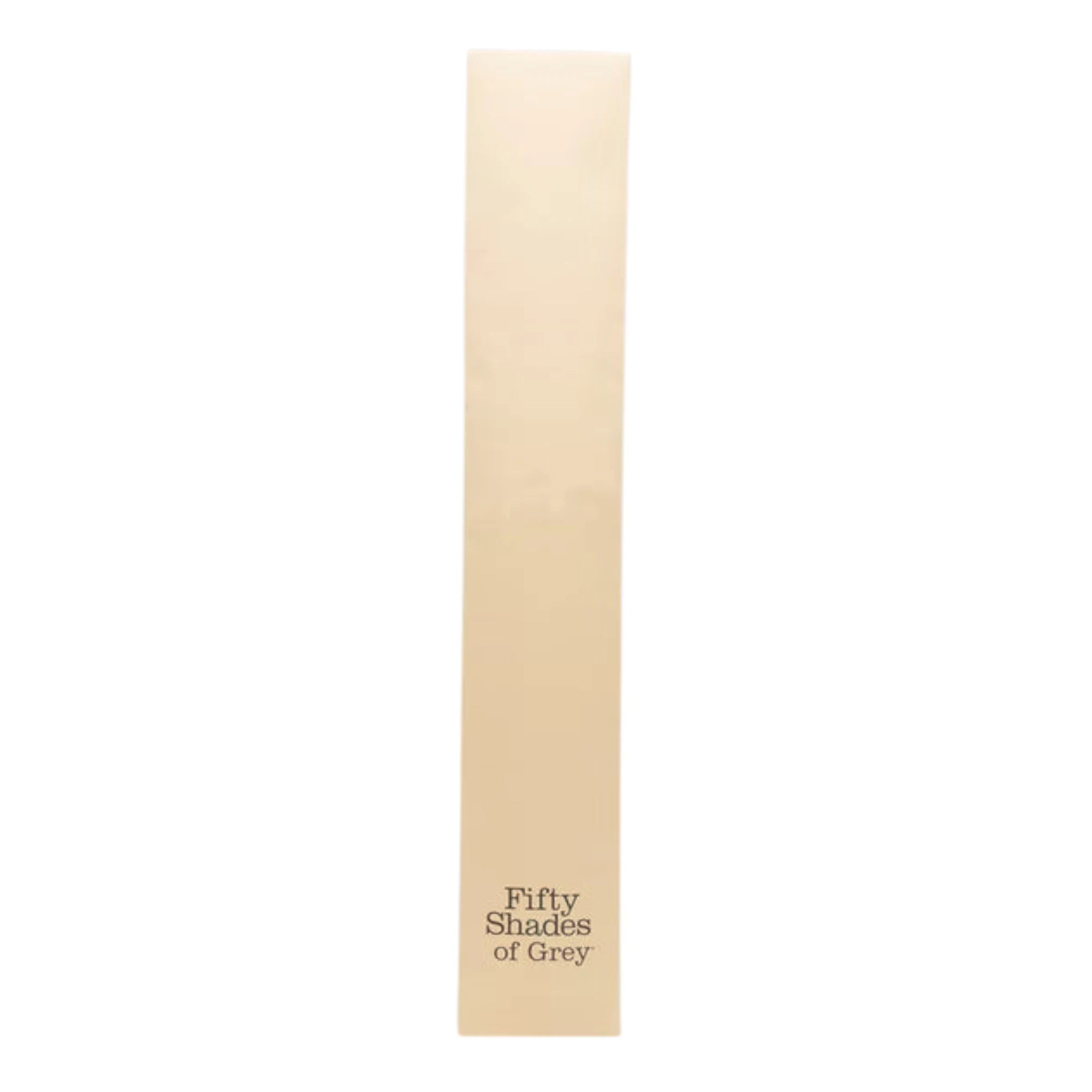 Fifty Shades of Grey Bound to You faux leather spreader bar packaging box in cream with 'Fifty Shades of Grey' branding at bottom against white background
