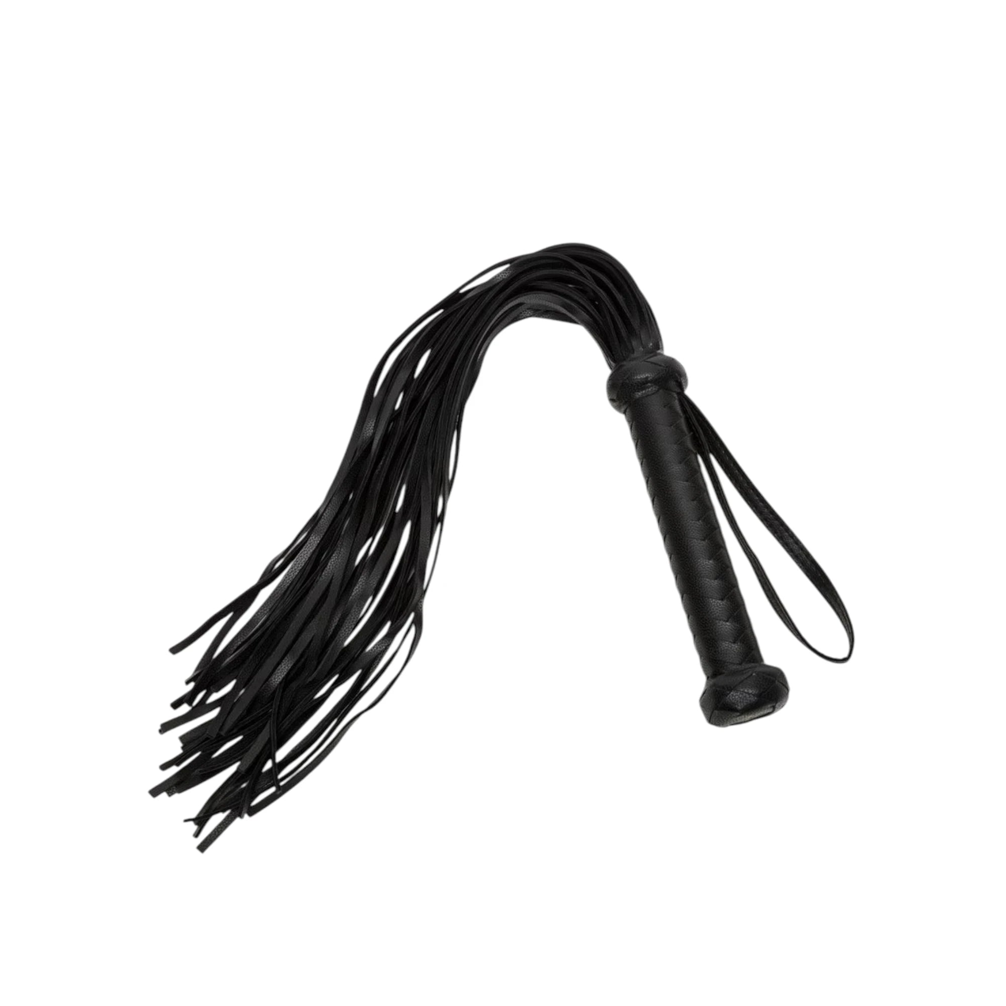 Fifty Shades of Grey Bound to You faux leather flogger in black shown from front displaying braided handle with wrist loop and multiple leather tassels against white background