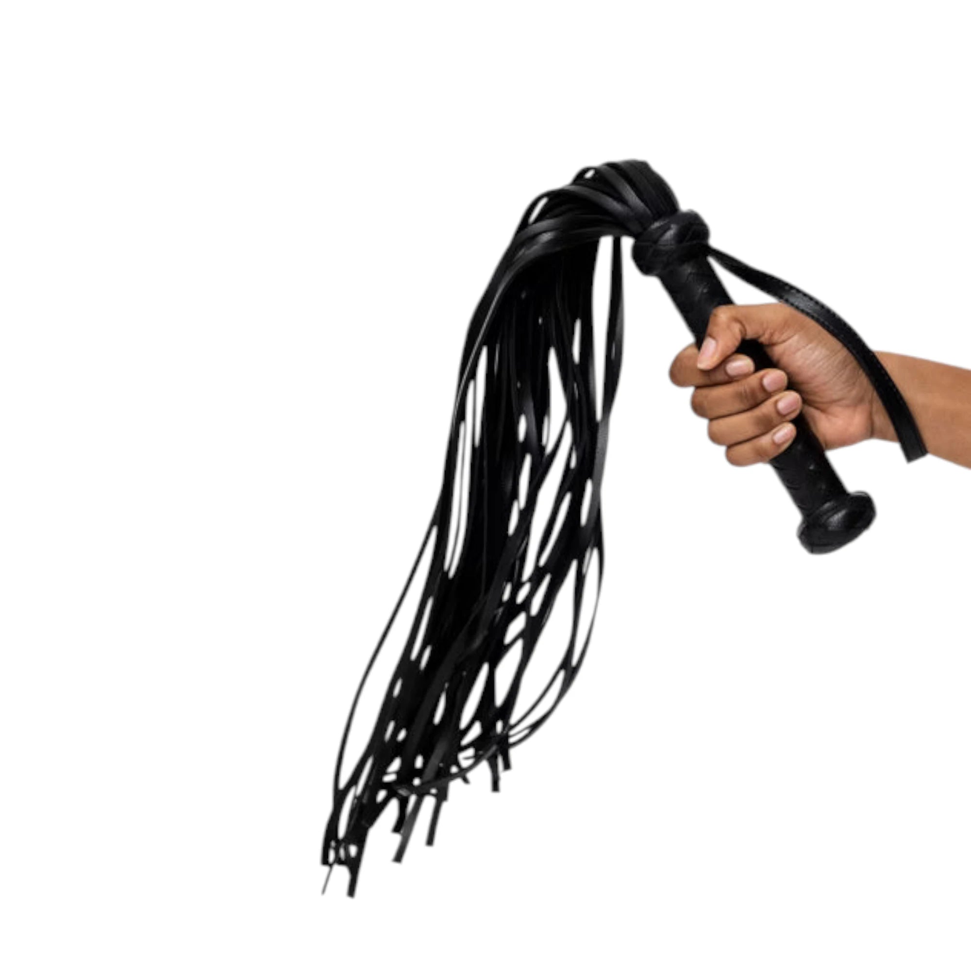 Fifty Shades of Grey Bound to You faux leather flogger in black held in hand displaying braided handle with wrist loop and multiple leather tassels extended against white background
