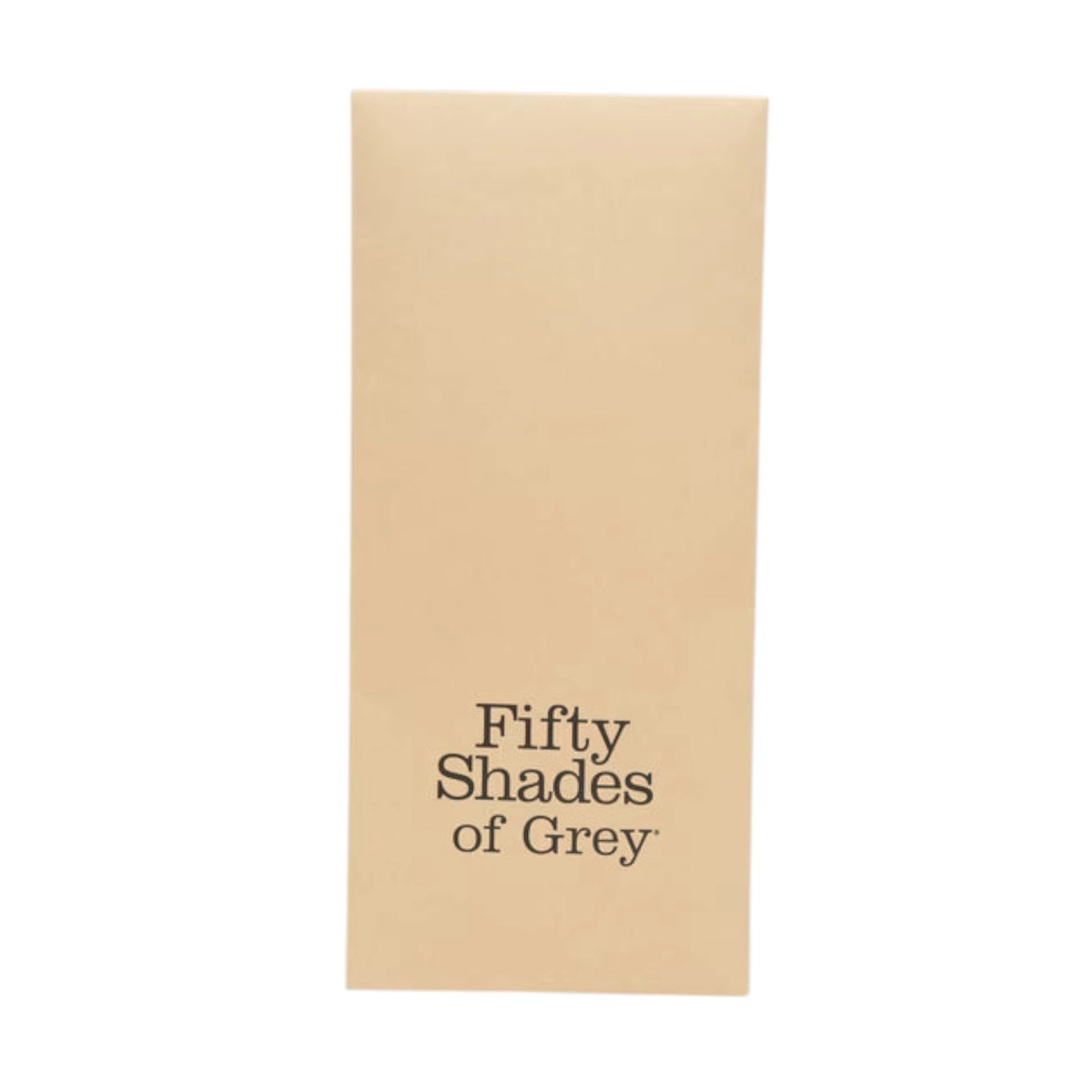 Fifty Shades of Grey Bound to You faux leather small spanking paddle packaging box in cream with 'Fifty Shades of Grey' branding centered on front against white background