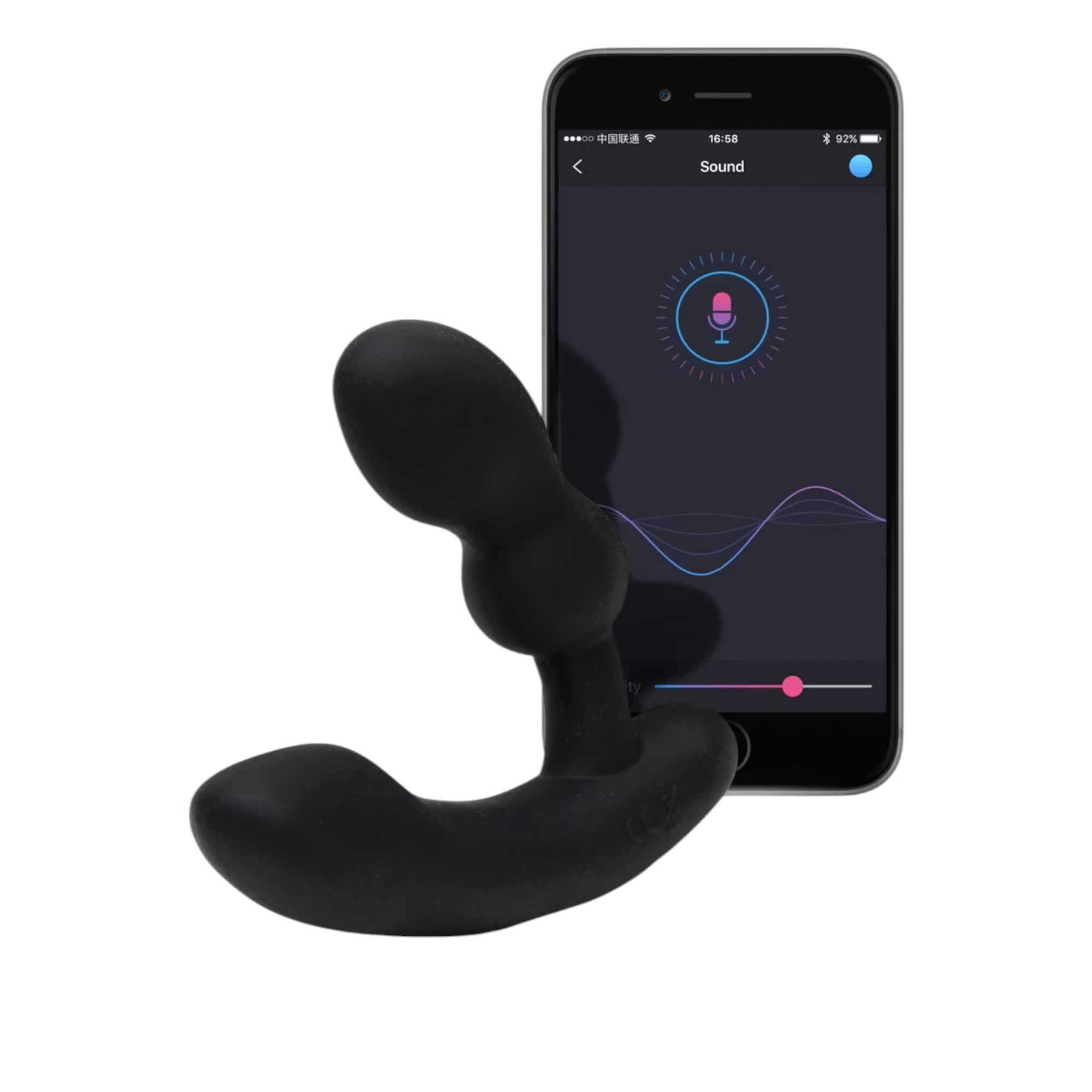 Lovense Edge 2 app-controlled rechargeable prostate massager in black shown from front displaying curved shaft and external perineum stimulator arm, displayed alongside smartphone showing Lovense app sound control interface with microphone icon and waveform slider against white background