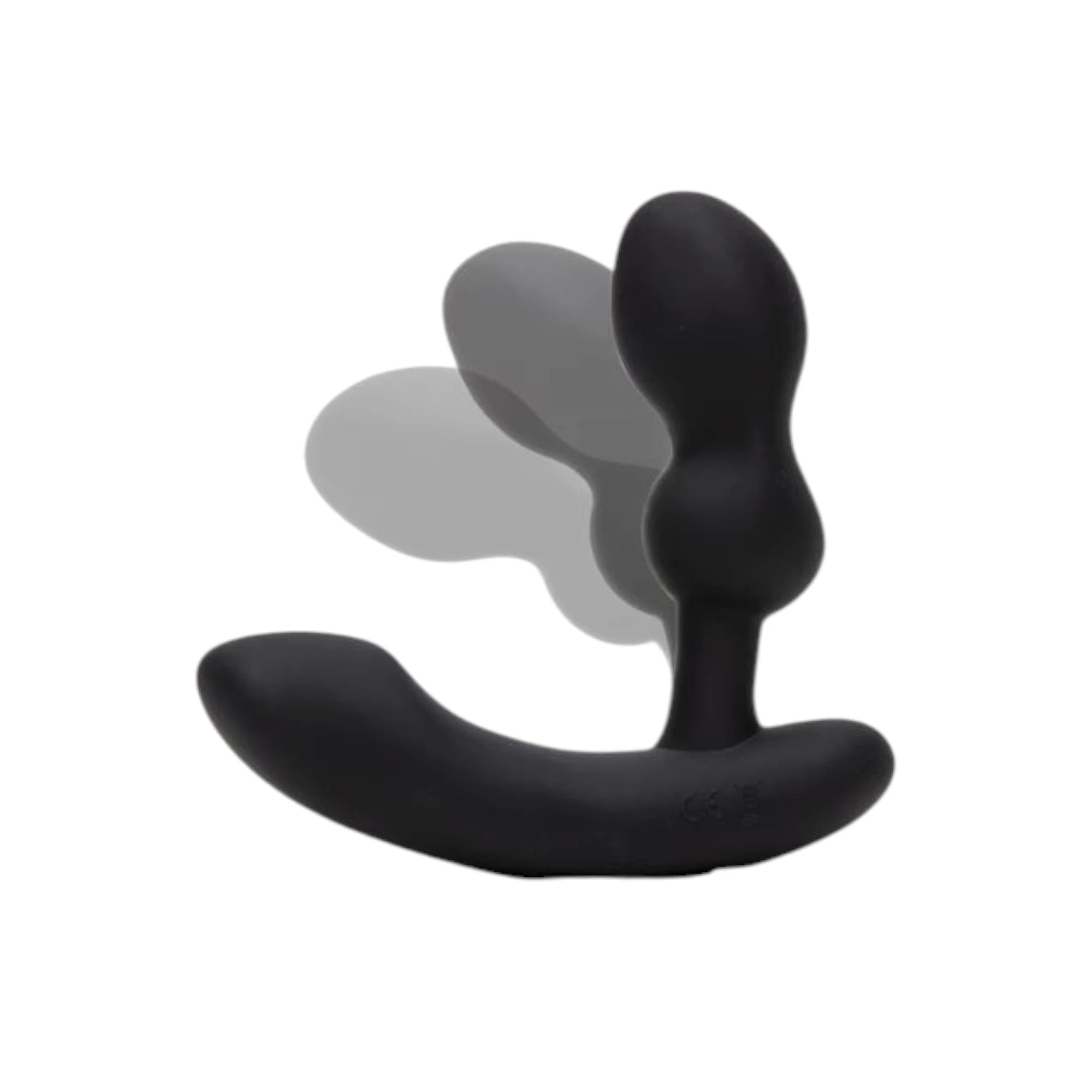 Lovense Edge 2 app-controlled rechargeable prostate massager in black shown from front displaying curved shaft, external perineum stimulator arm, smooth silicone finish, and ergonomic design against white background