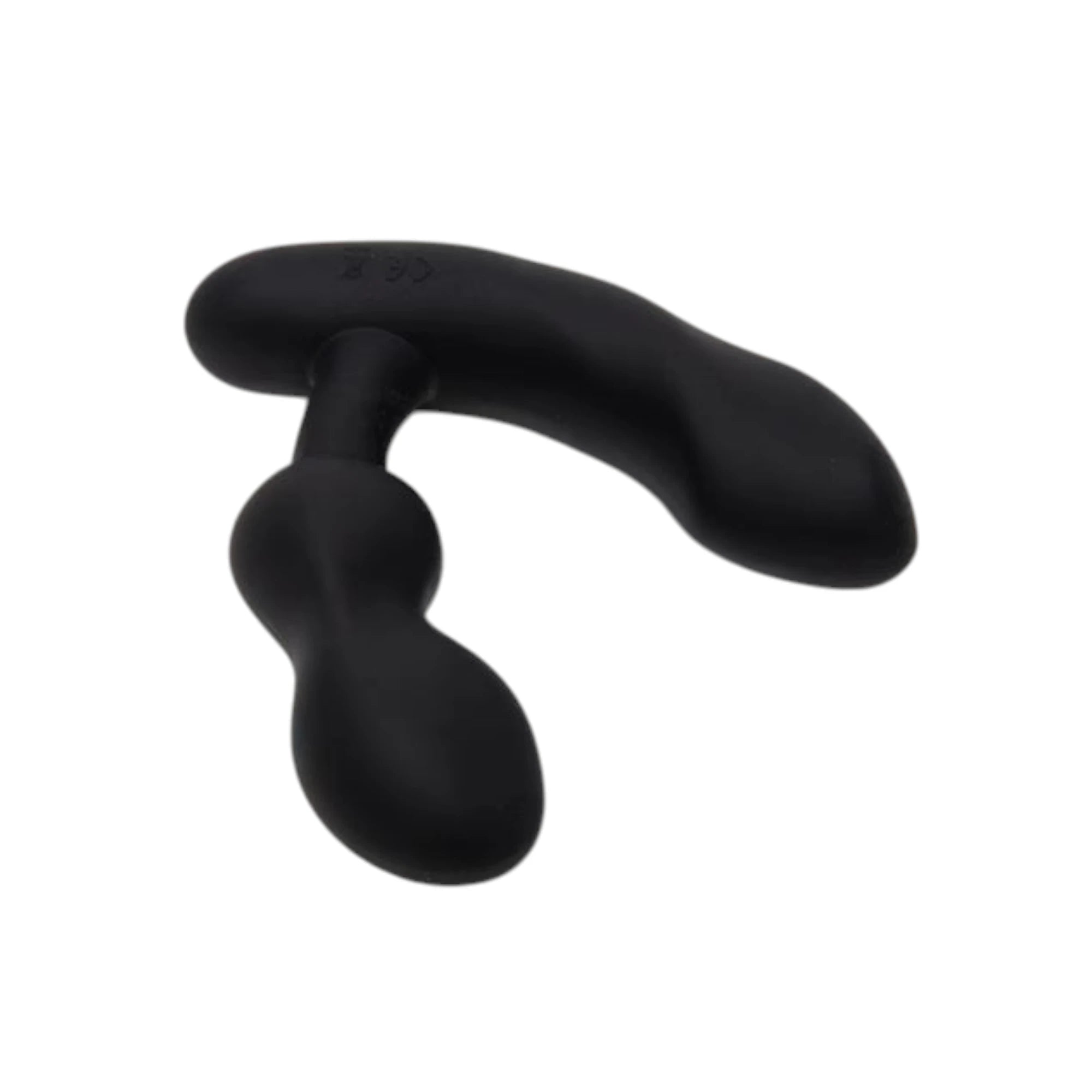 Lovense Edge 2 app-controlled rechargeable prostate massager in black shown from side displaying curved shaft, external perineum stimulator arm, smooth silicone finish, and ergonomic design against white background