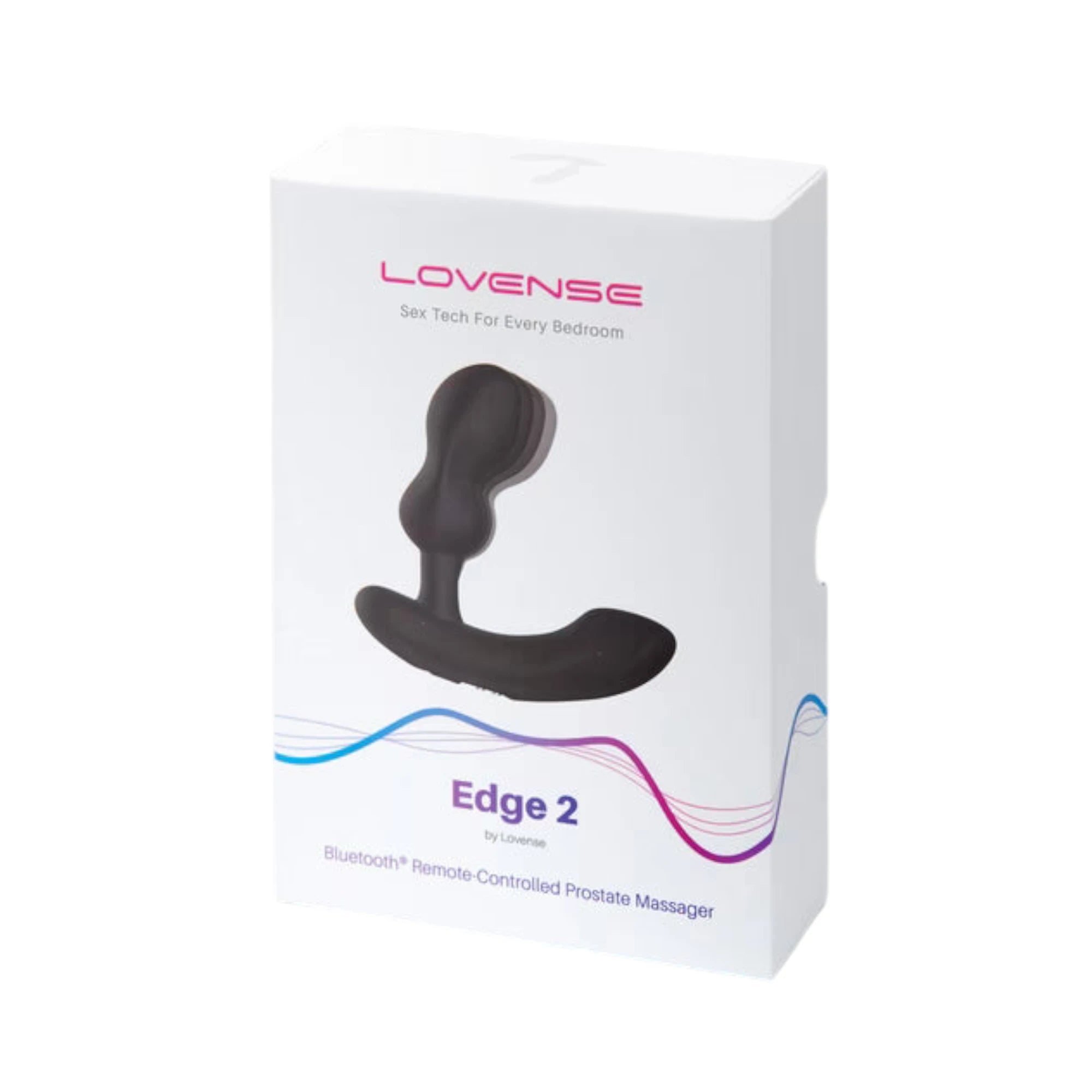Lovense Edge 2 black prostate massager packaging box shown from front displaying product image, curved design, Lovense branding in pink, 'Sex Tech For Every Bedroom' tagline, 'Edge 2' product name, 'Bluetooth Remote-Controlled Prostate Massager' descriptor, and blue-to-purple gradient wave design against white background