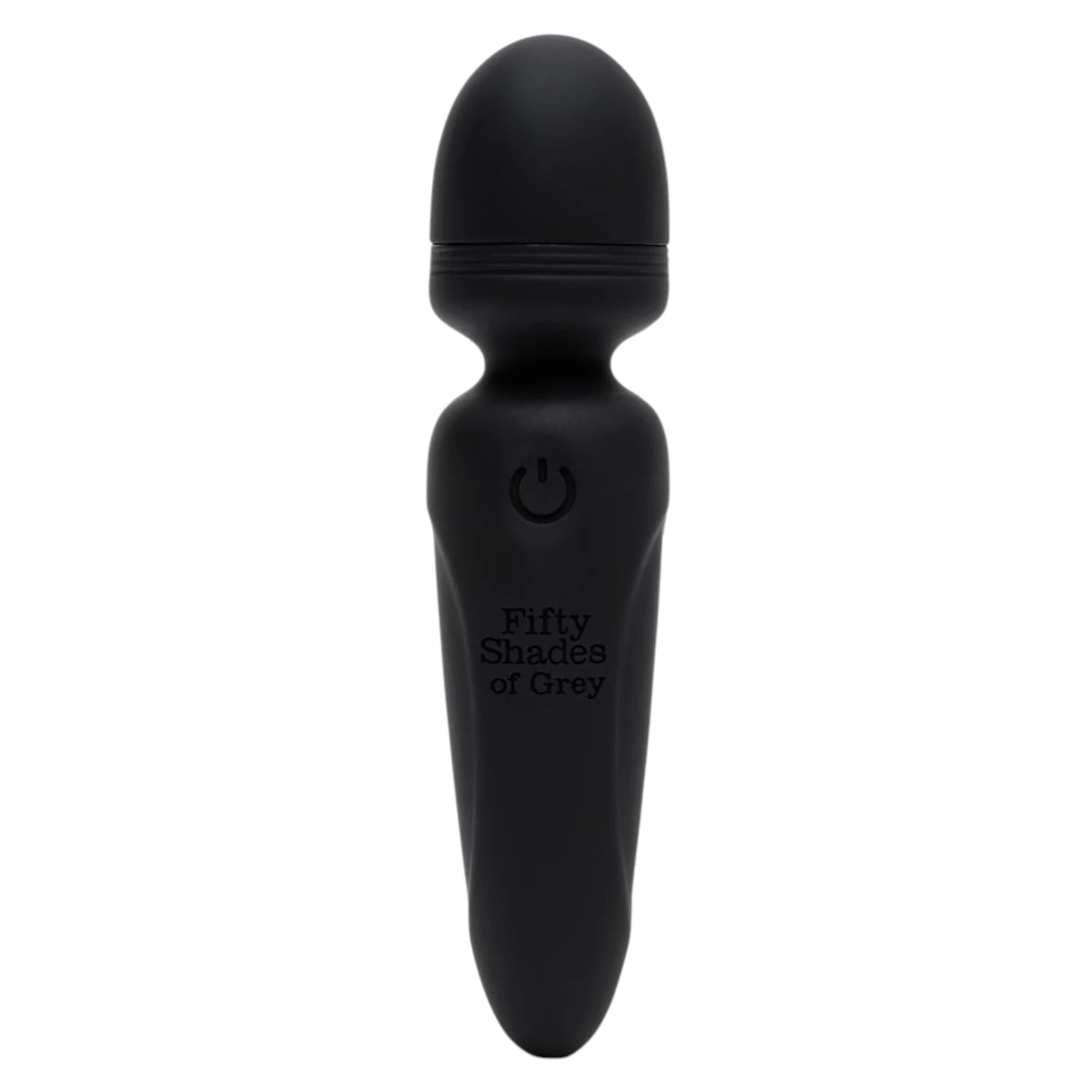 Fifty Shades of Grey Sensation black rechargeable mini wand vibrator shown from front displaying rounded bulbous head, cylindrical handle with product branding and power button, textured grip band, and smooth silicone finish against white background