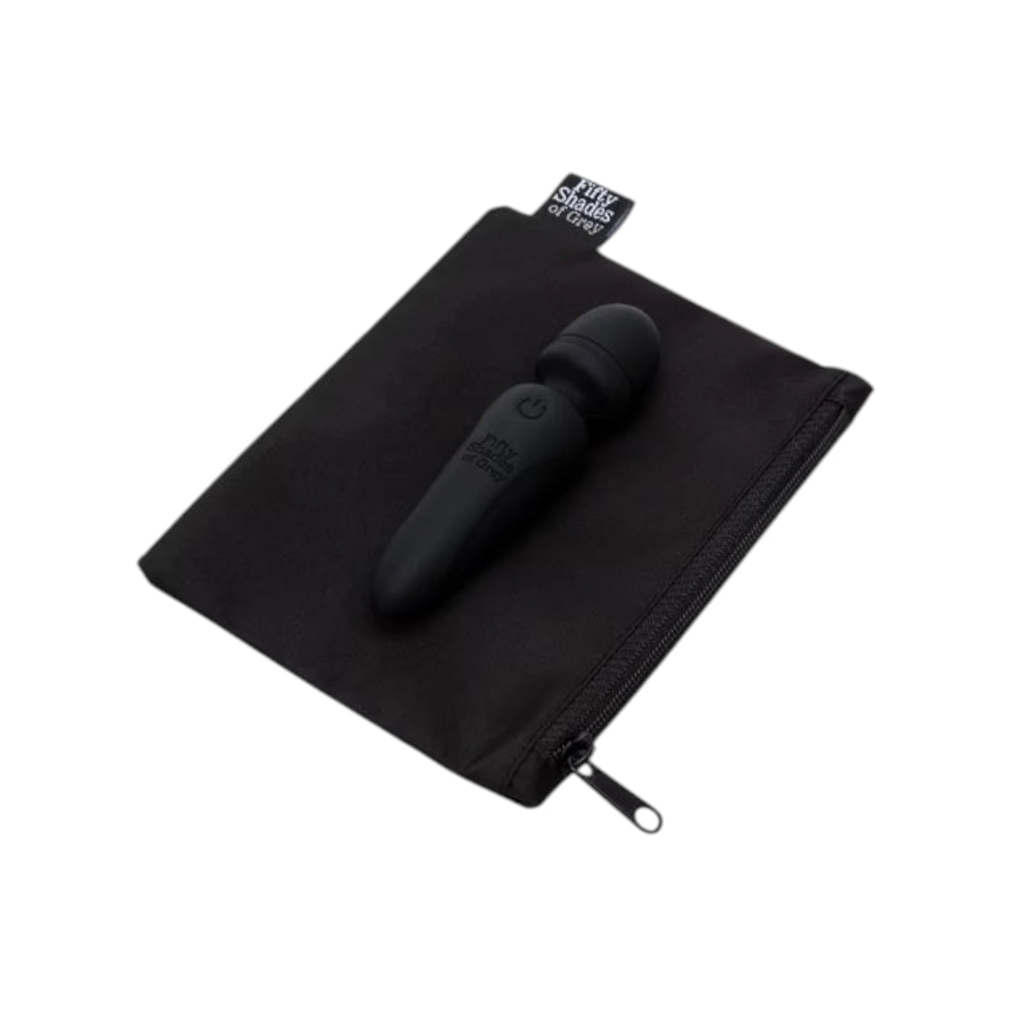 Fifty Shades of Grey Sensation black rechargeable mini wand vibrator displayed with black fabric storage pouch showing product branding tag, rounded bulbous head, ergonomic handle with power button, and zippered pouch with pull tab against white background