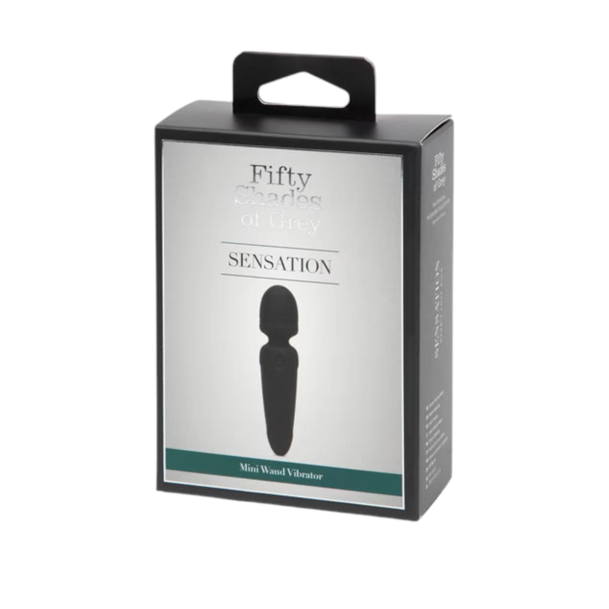 Fifty Shades of Grey Sensation packaging box shown from front displaying black and grey design with carrying handle, 'Fifty Shades of Grey' branding, 'SENSATION' product name, product image of black mini wand vibrator, 'Mini Wand Vibrator' descriptor, and teal accent band against white background