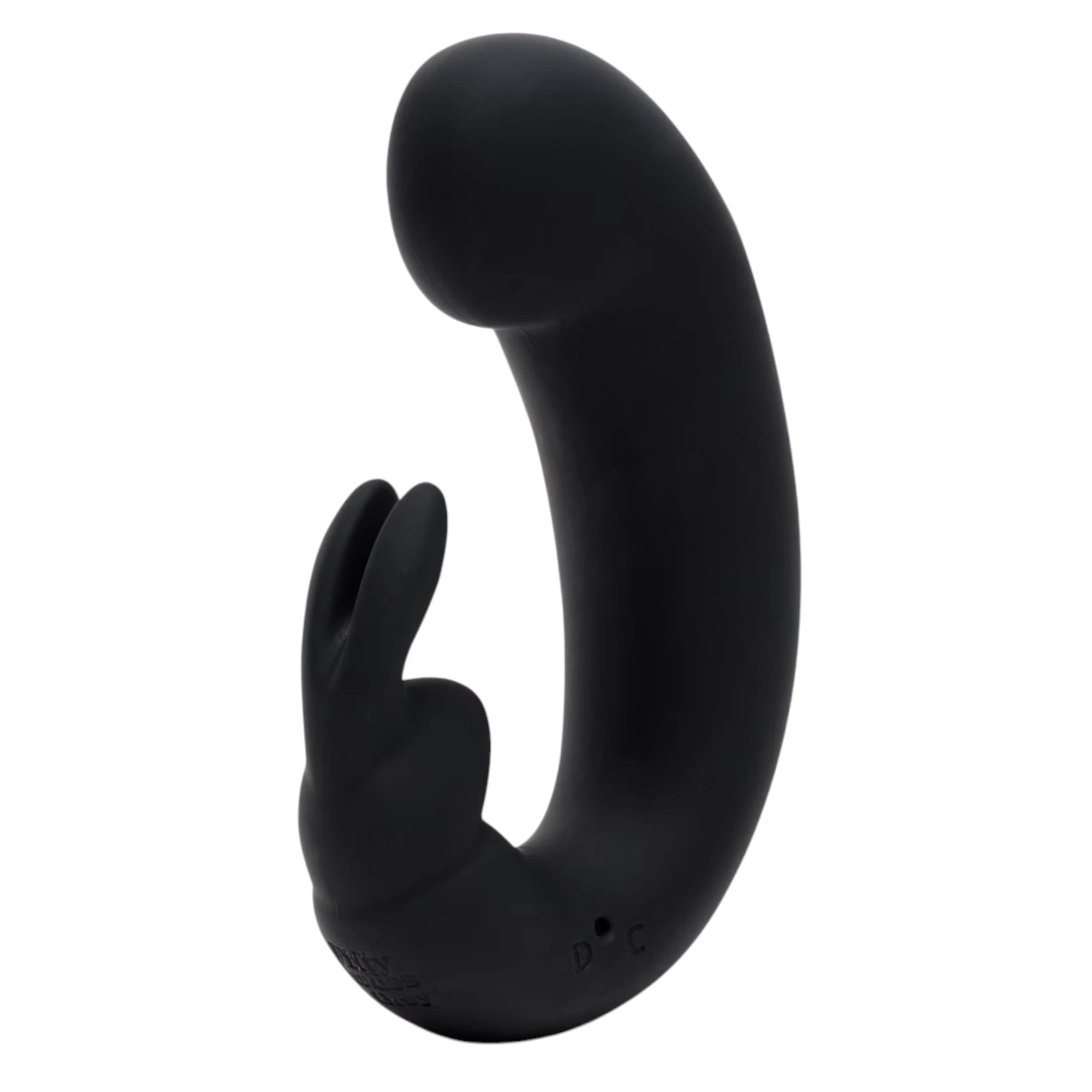 Fifty Shades of Grey Sensation rechargeable G-spot rabbit vibrator in black silicone shown from front displaying curved G-spot shaft, dual external rabbit ear stimulators, rounded bulbous tip, and smooth finish against white background