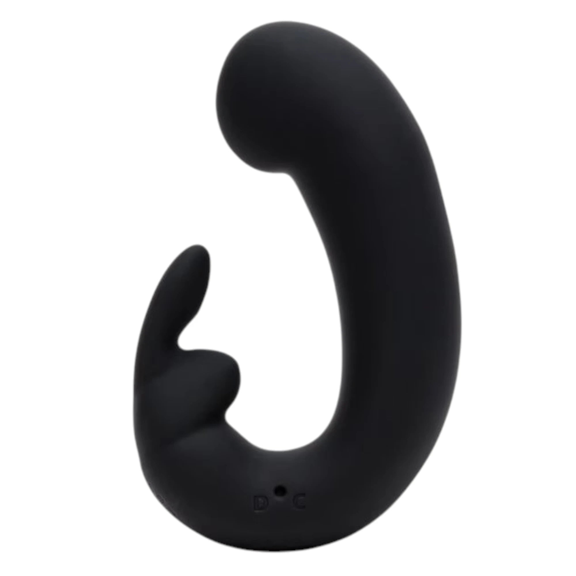 Fifty Shades of Grey Sensation rechargeable G-spot rabbit vibrator in black silicone shown from side displaying curved G-spot shaft, external rabbit ear stimulator, control buttons, and smooth silicone finish against white background