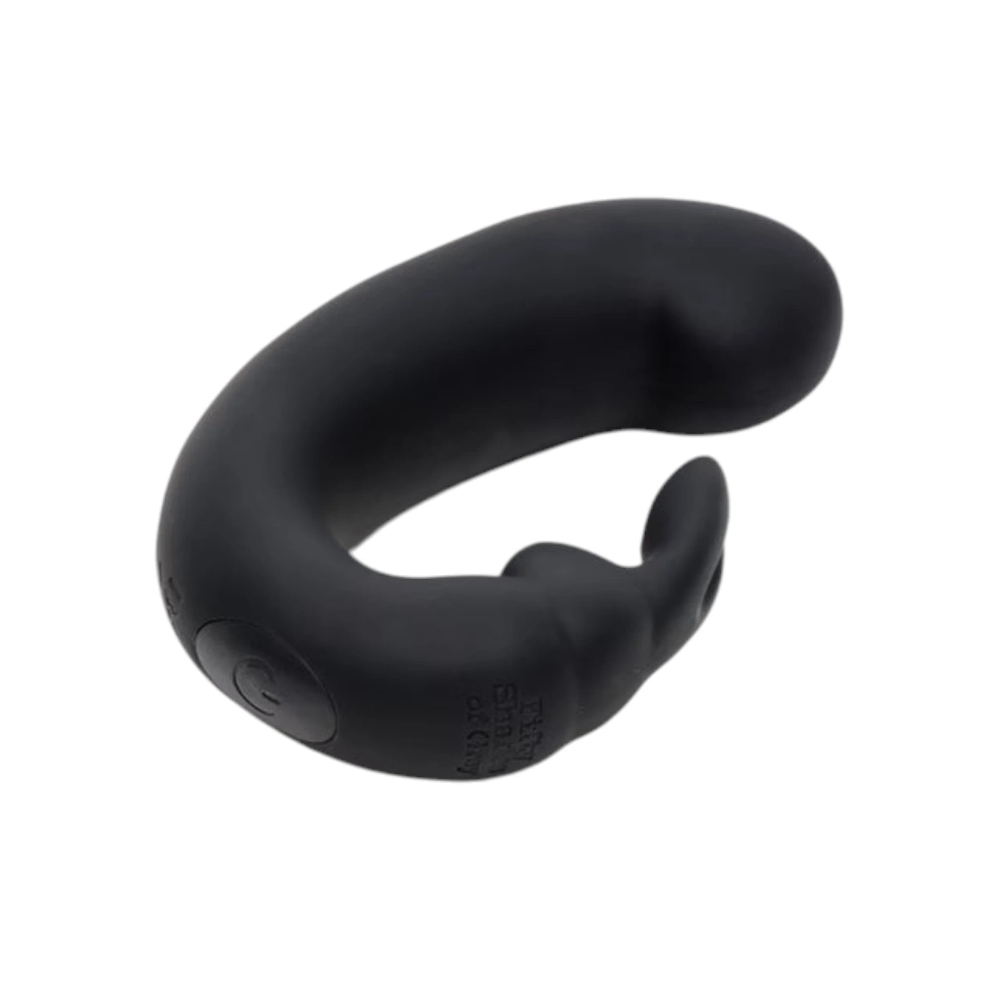Fifty Shades of Grey Sensation rechargeable G-spot rabbit vibrator in black silicone shown from angle displaying curved G-spot shaft, dual external rabbit ear stimulators, control button with branding, and smooth finish against white background