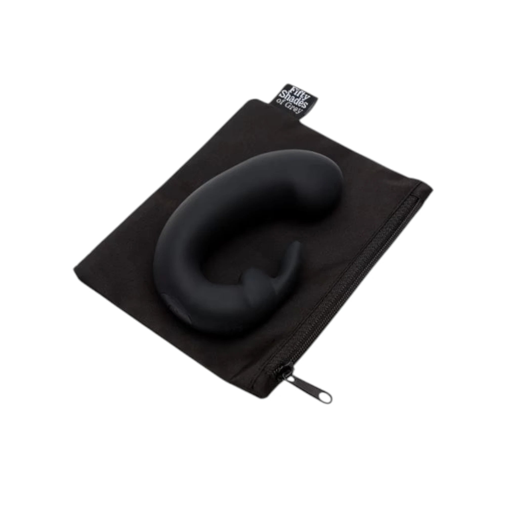 Fifty Shades of Grey Sensation rechargeable G-spot rabbit vibrator in black silicone displayed with black velvet storage pouch featuring Fifty Shades of Grey branded tag and zippered closure against white background