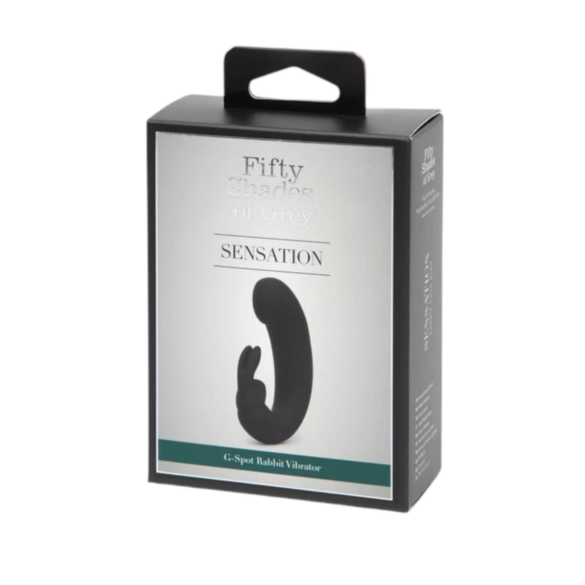 Fifty Shades of Grey Sensation rechargeable G-spot rabbit vibrator packaging box in black and white with handle, 'Fifty Shades of Grey Sensation' branding, product image, teal 'G-Spot Rabbit Vibrator' label, and product specifications on side against white background