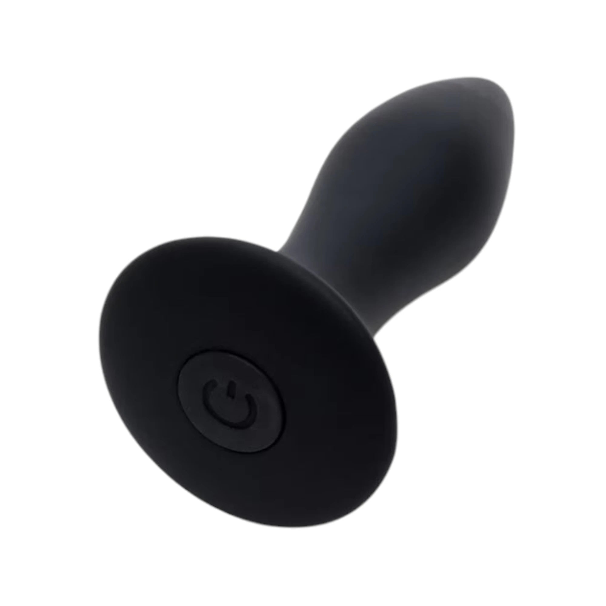 Fifty Shades of Grey Sensation rechargeable vibrating butt plug in black silicone shown from side displaying tapered elongated tip, wide suction cup base with power button, and smooth finish against white background