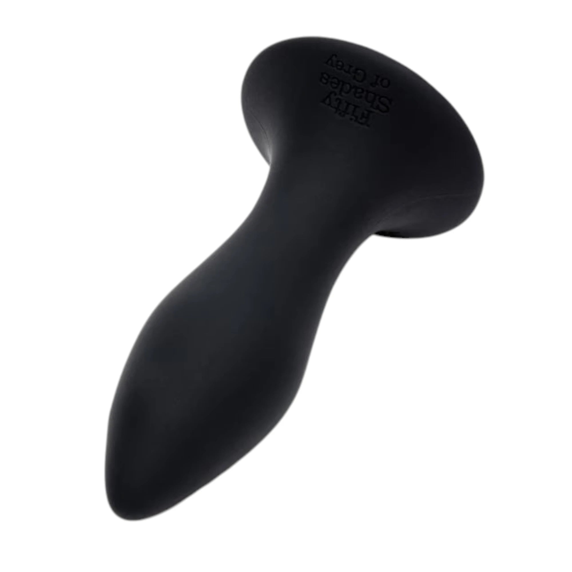Fifty Shades of Grey Sensation rechargeable vibrating butt plug in black silicone shown from angle displaying tapered elongated tip, wide suction cup base with Fifty Shades of Grey branding embossed on surface against white background