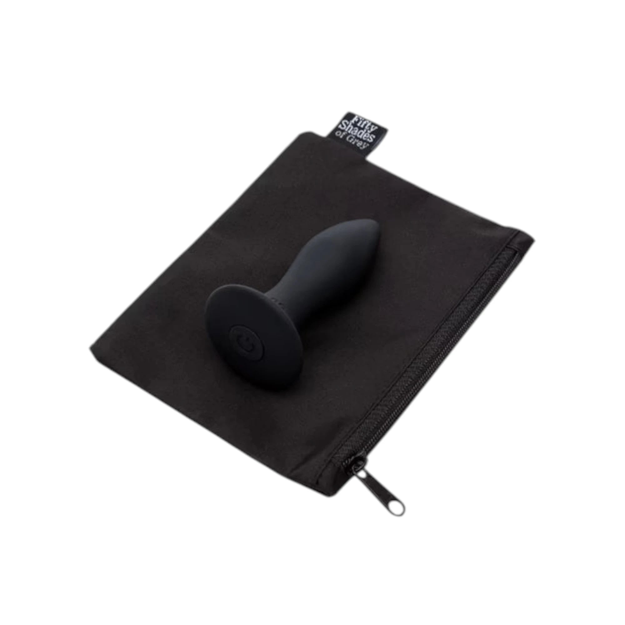 Fifty Shades of Grey Sensation rechargeable vibrating butt plug in black silicone displayed with black velvet storage pouch featuring Fifty Shades of Grey branded tag and zippered closure against white background