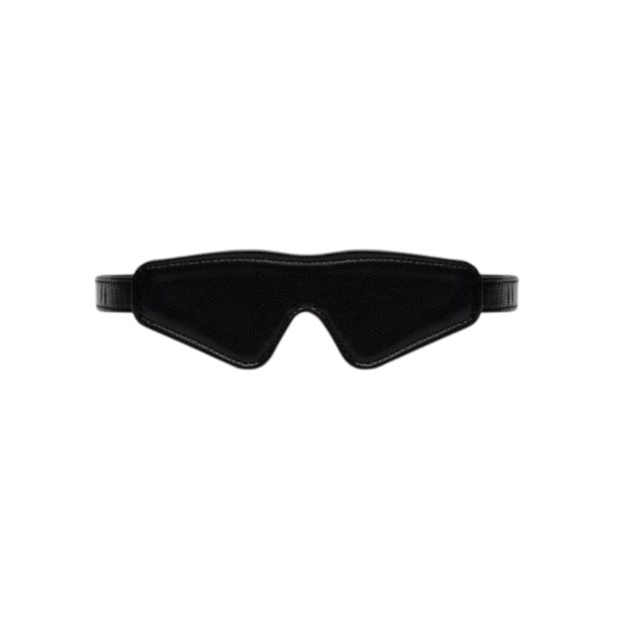 Fifty Shades of Grey Sweet Anticipation reversible faux leather blindfold shown from reverse side displaying black faux leather exterior, padded eye cups, adjustable fabric straps, and smooth finish against white background