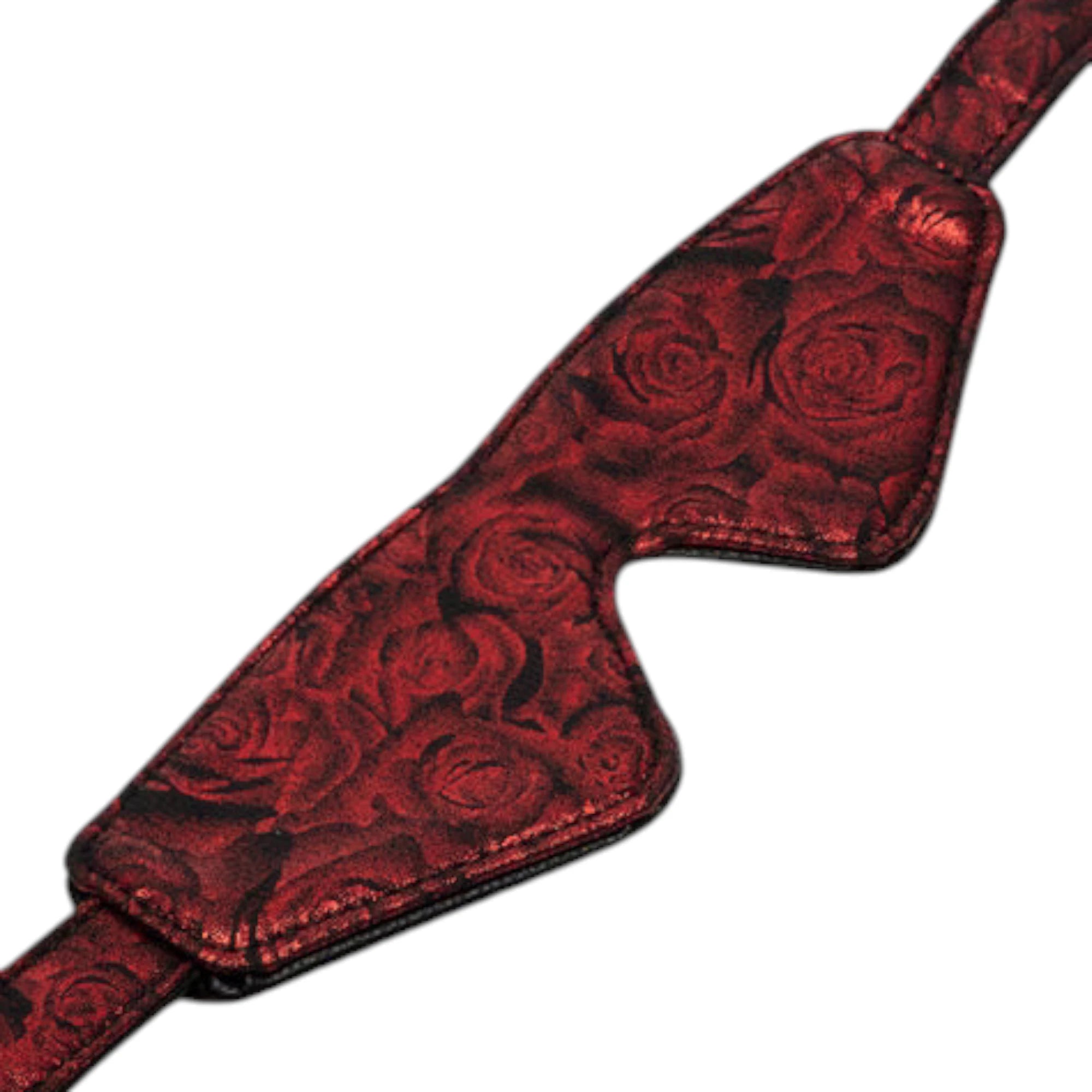 Fifty Shades of Grey Sweet Anticipation reversible faux leather blindfold shown close up displaying burgundy red rose damask pattern, padded eye cup detail, fabric strap, and textured faux leather surface against white background