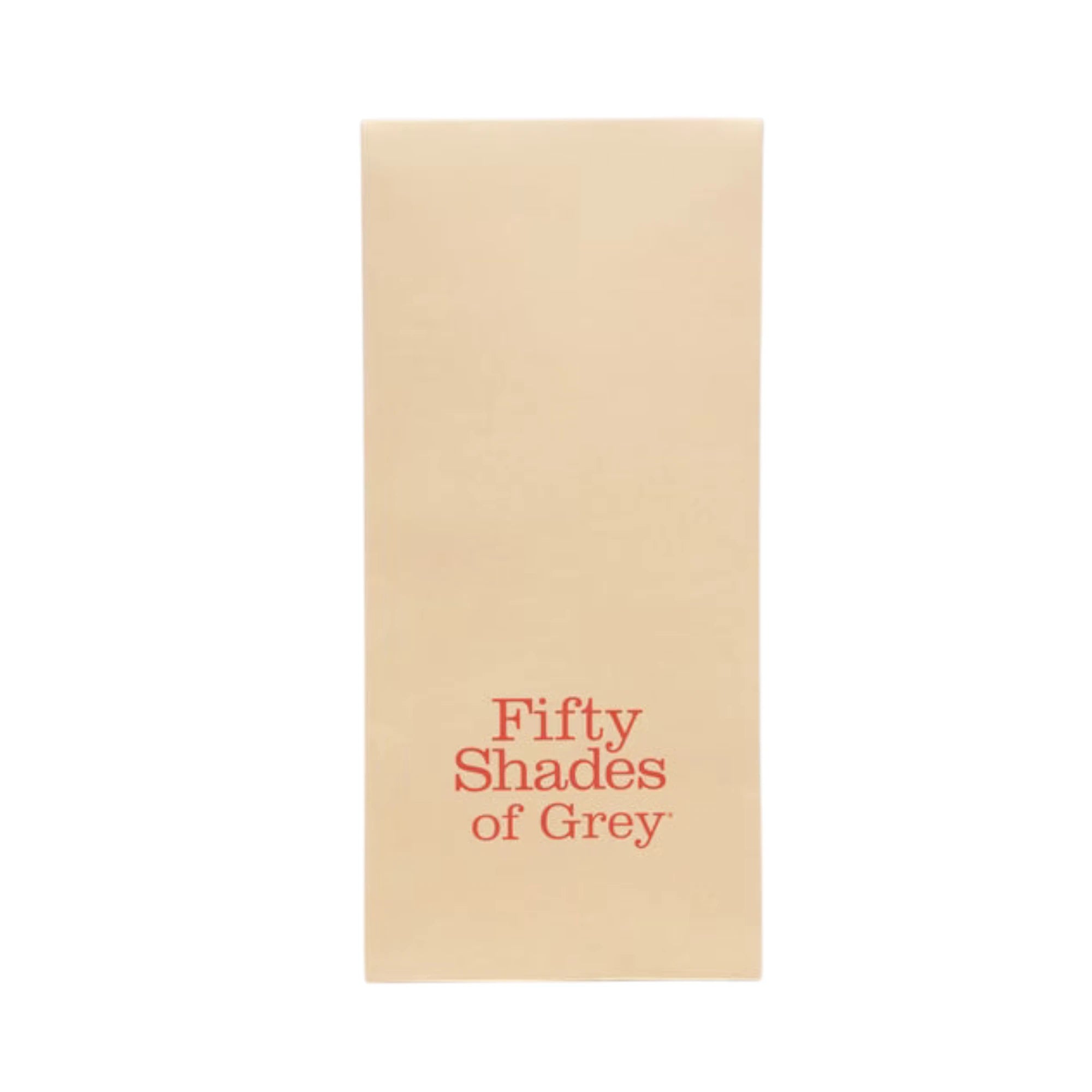 Fifty Shades of Grey Sweet Anticipation reversible faux leather blindfold packaging box in cream with 'Fifty Shades of Grey' branding in red centered on front against white background