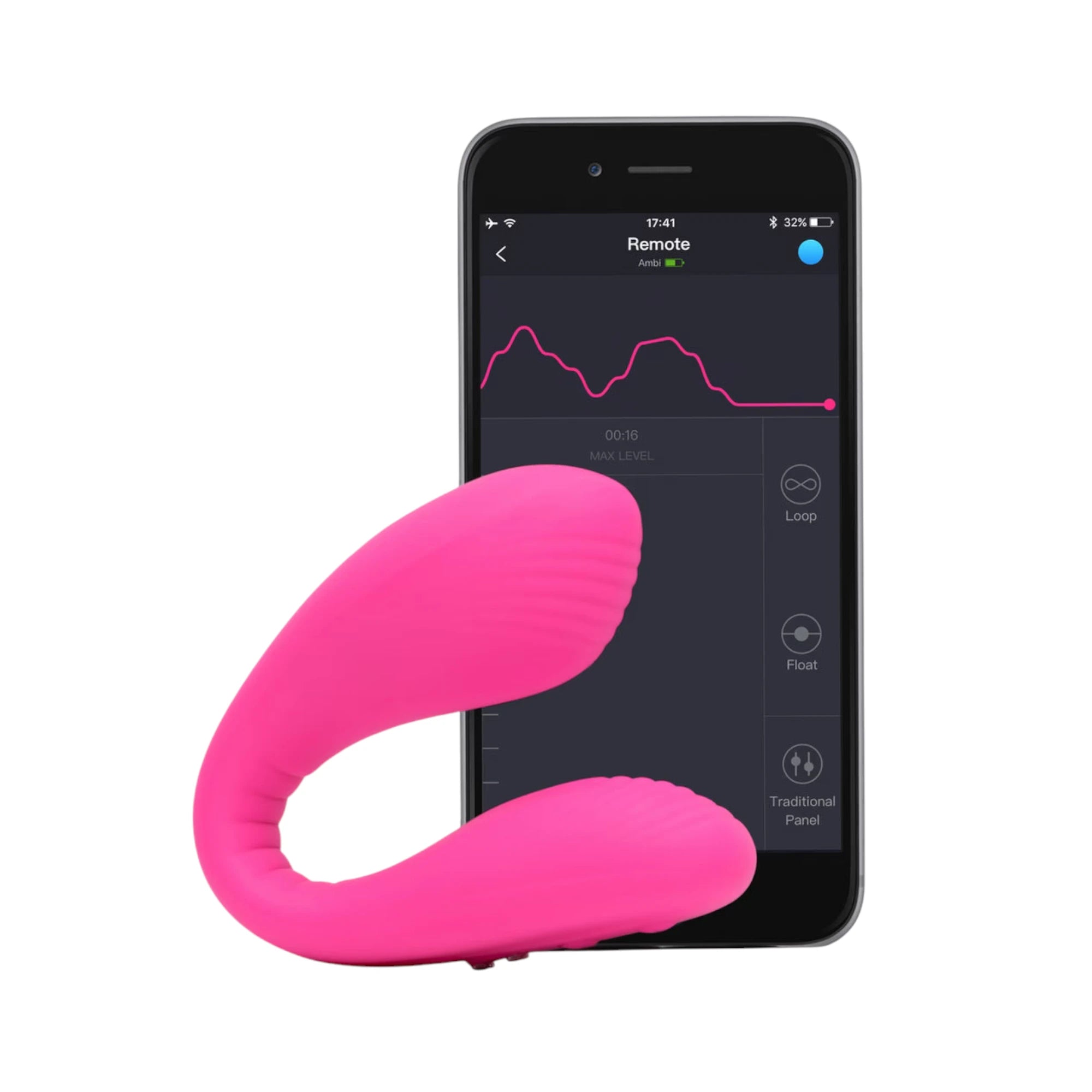 Lovense Dolce hot pink dual vibrator displayed next to smartphone showing Lovense app remote control interface with pink wave pattern, vibration graph, 00:16 timer, and control options including Loop, Float, and Traditional Panel buttons against white background