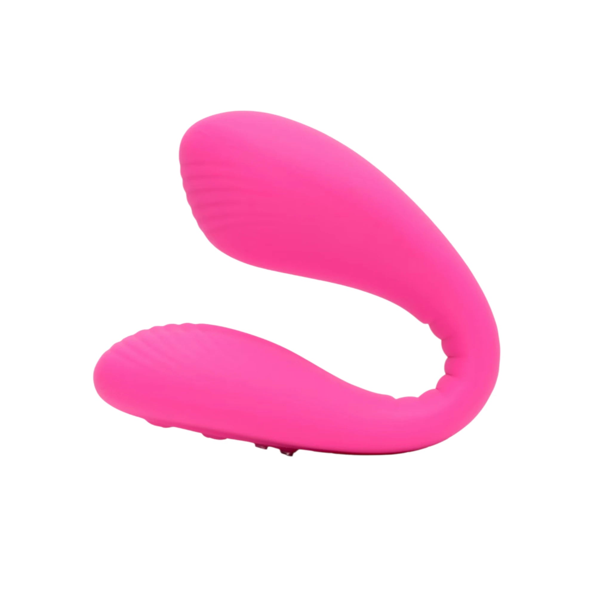 Lovense Dolce hot pink dual vibrator shown from front displaying curved dual-stimulation design, rounded clitoral tip, G-spot arm, smooth silicone finish, and control button at base against white background