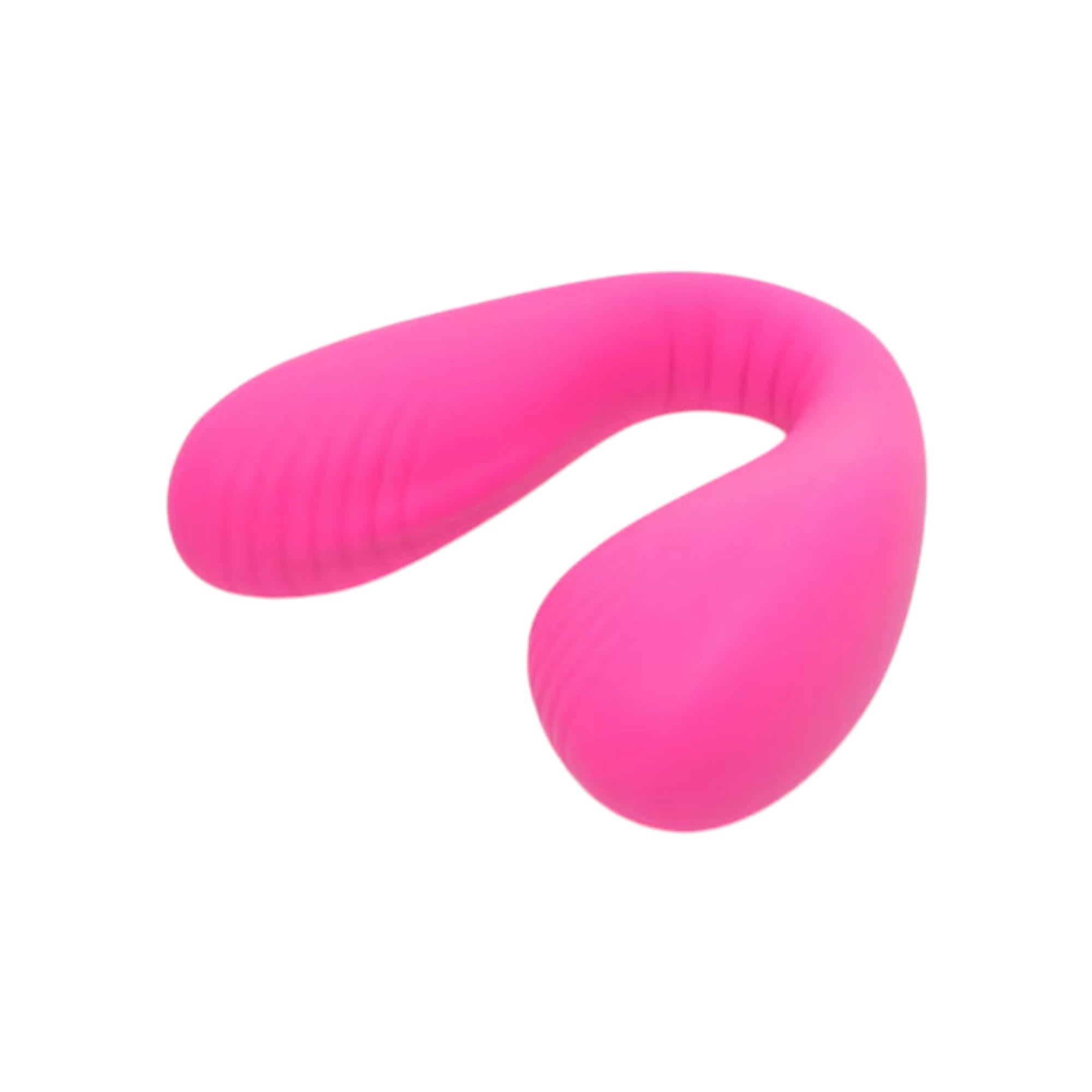 Lovense Dolce hot pink dual clitoral and G-spot vibrator shown from above displaying curved U-shape design, rounded stimulation tips, ribbed texture detail, and smooth silicone finish against white background
