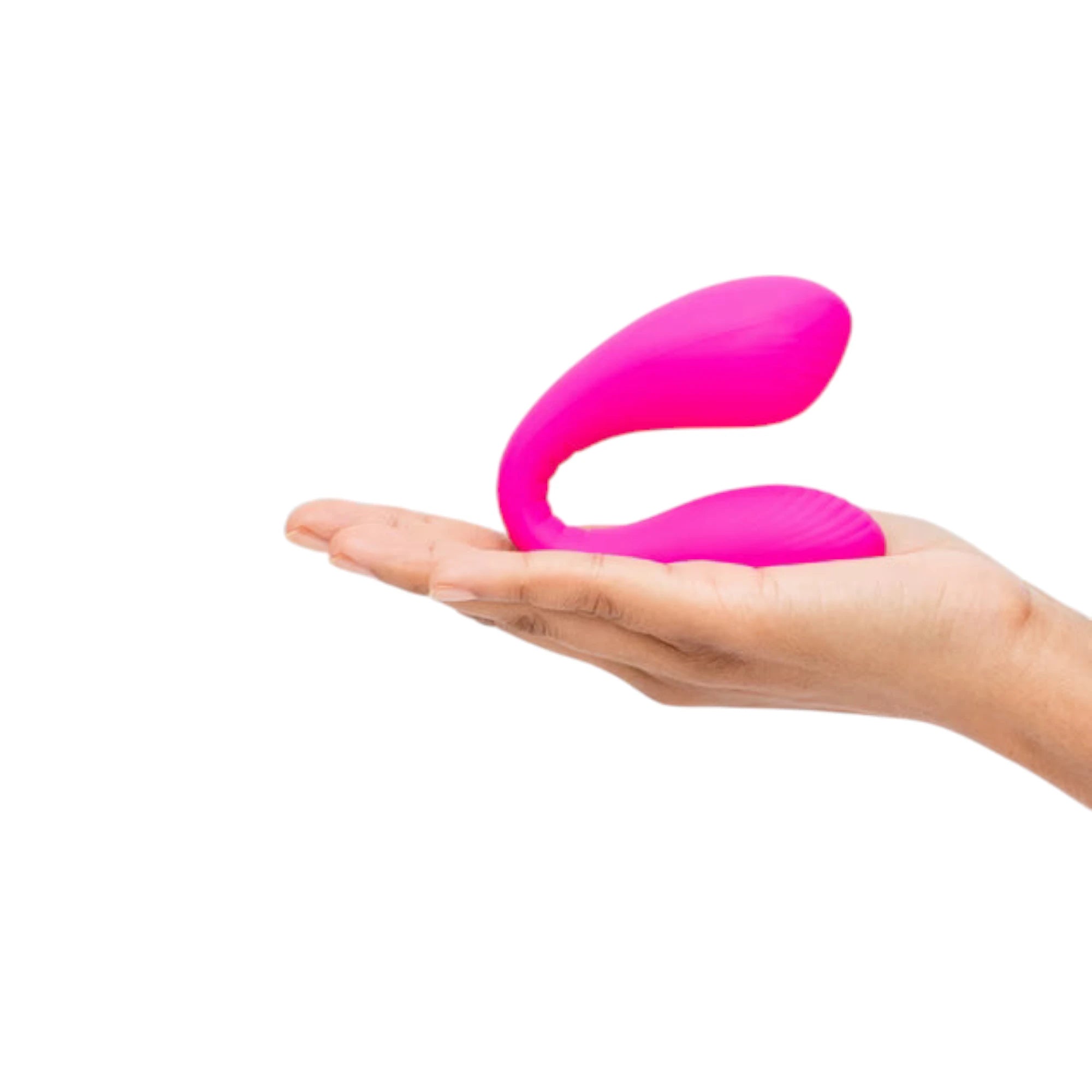 Lovense Dolce hot pink dual clitoral and G-spot vibrator held in open palm displaying curved U-shape design, rounded stimulation tips, smooth silicone finish, and compact size against white background