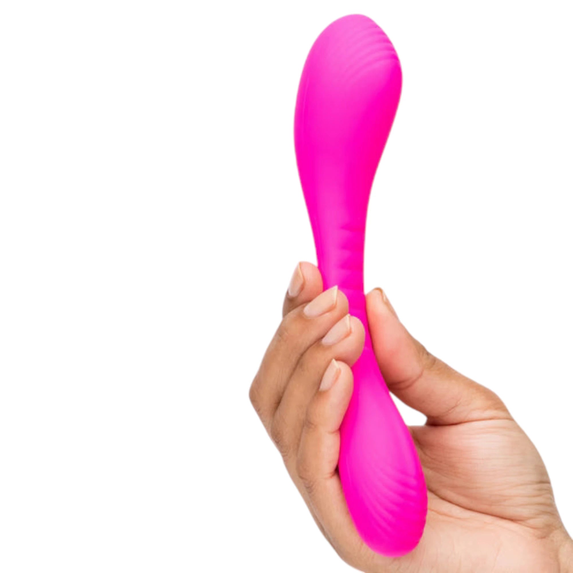 Lovense Dolce hot pink dual vibrator held vertically in both hands displaying elongated curved shape, rounded tip, smooth silicone finish, and ergonomic grip against white background