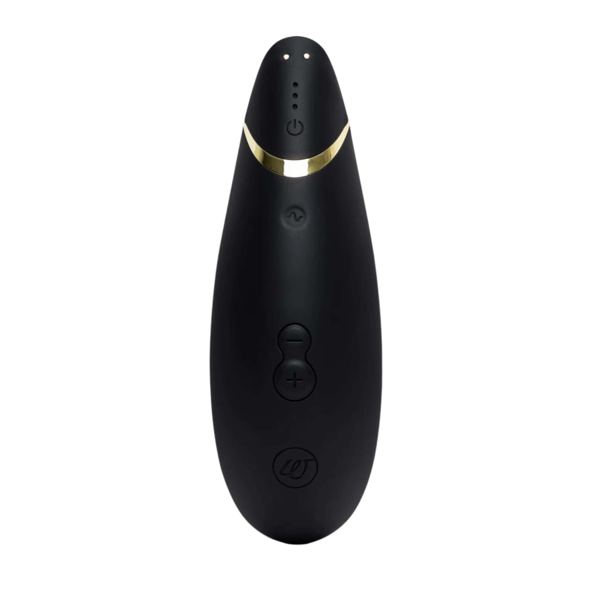Womanizer Premium 2 black clitoral suction vibrator showing control buttons and gold accent band against white background