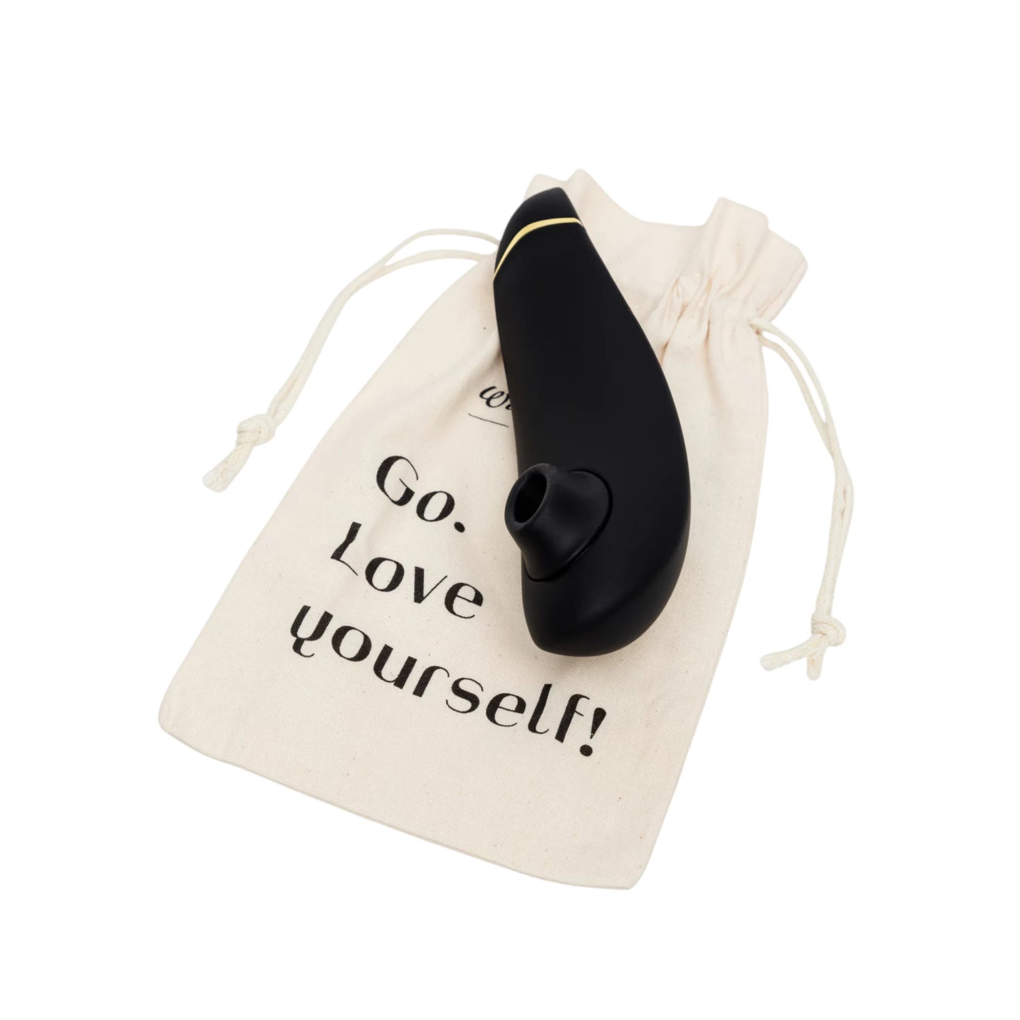Womanizer Premium 2 black clitoral suction vibrator with gold accent in cream cotton storage pouch printed with "Go. Love yourself!" against white background