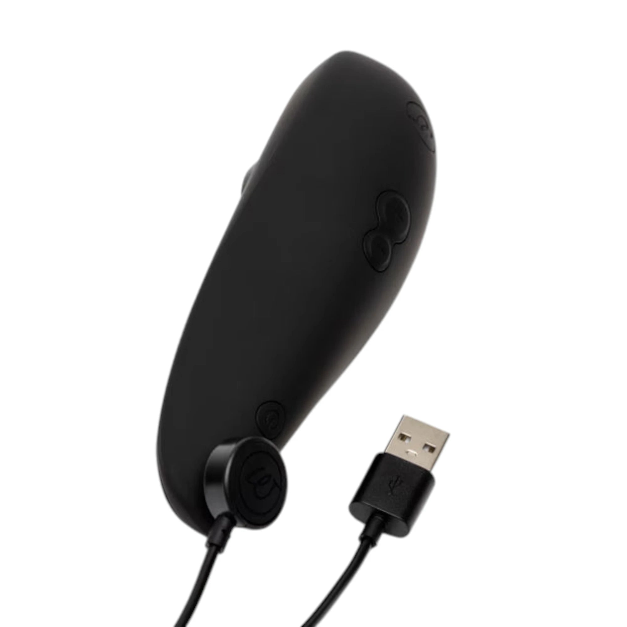 Womanizer Classic 2 black clitoral suction vibrator with USB charging cable against white background
