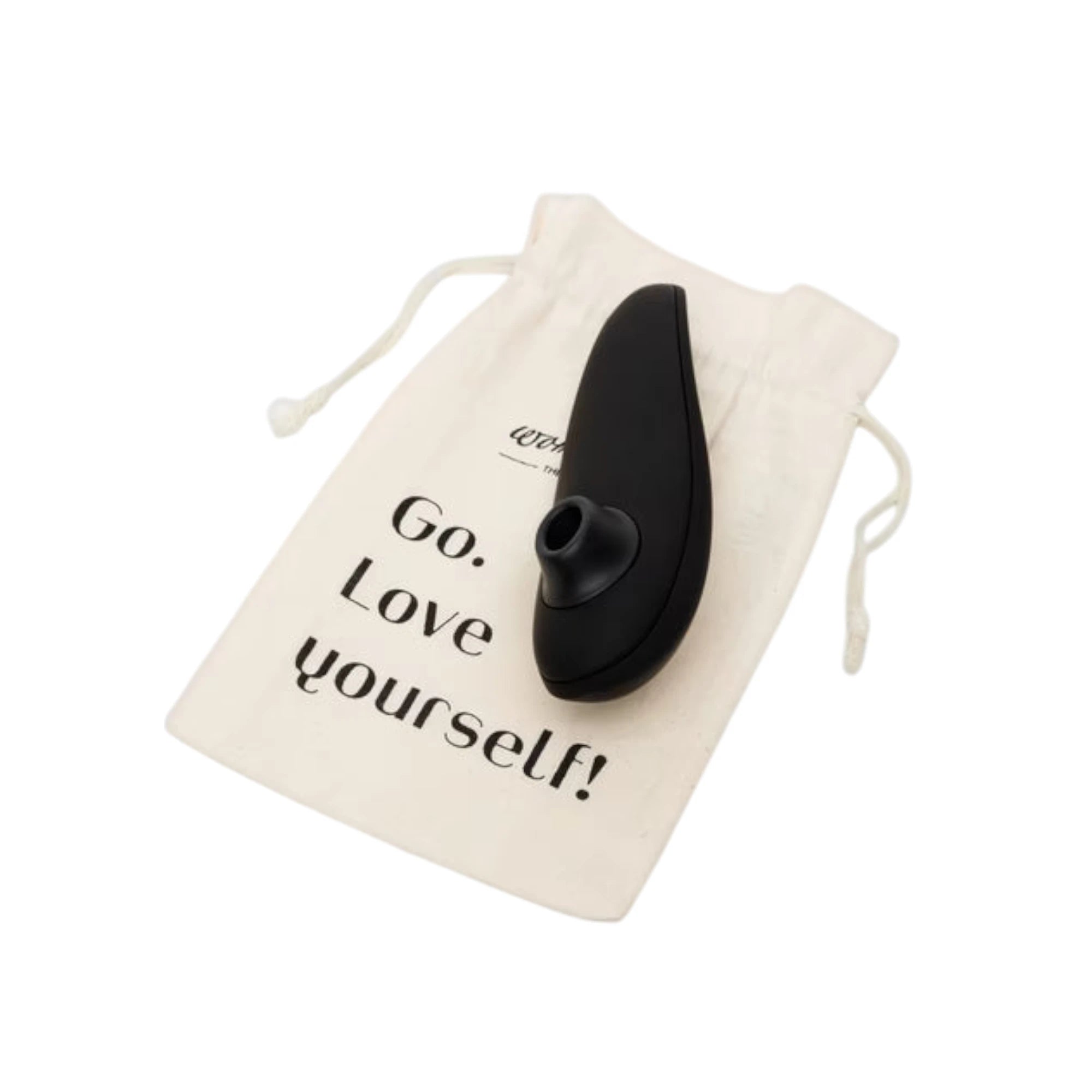 Womanizer Classic 2 black clitoral suction vibrator in cream cotton storage pouch printed with "Go. Love yourself!" against white background