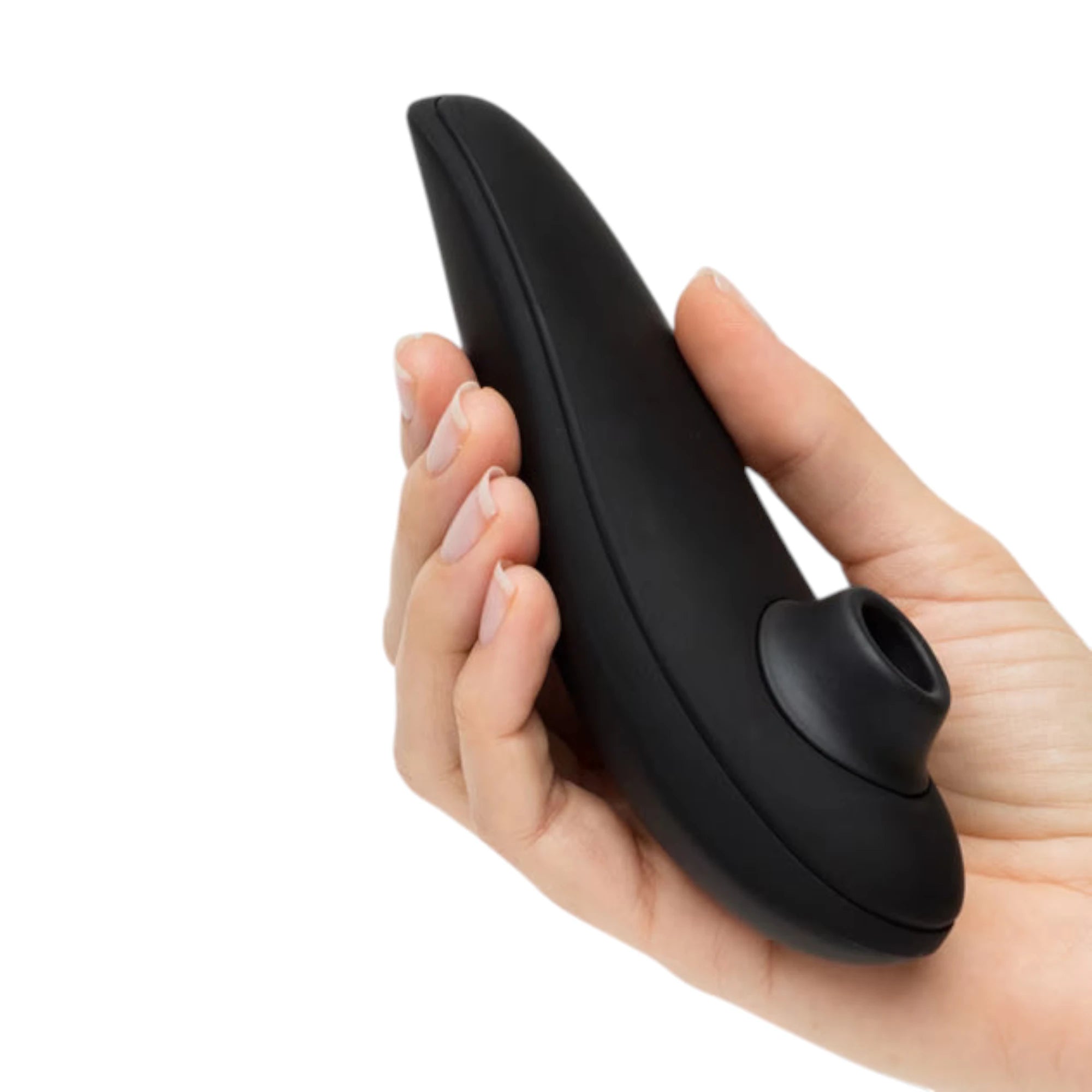 Womanizer Classic 2 black clitoral suction vibrator held in hand against white background