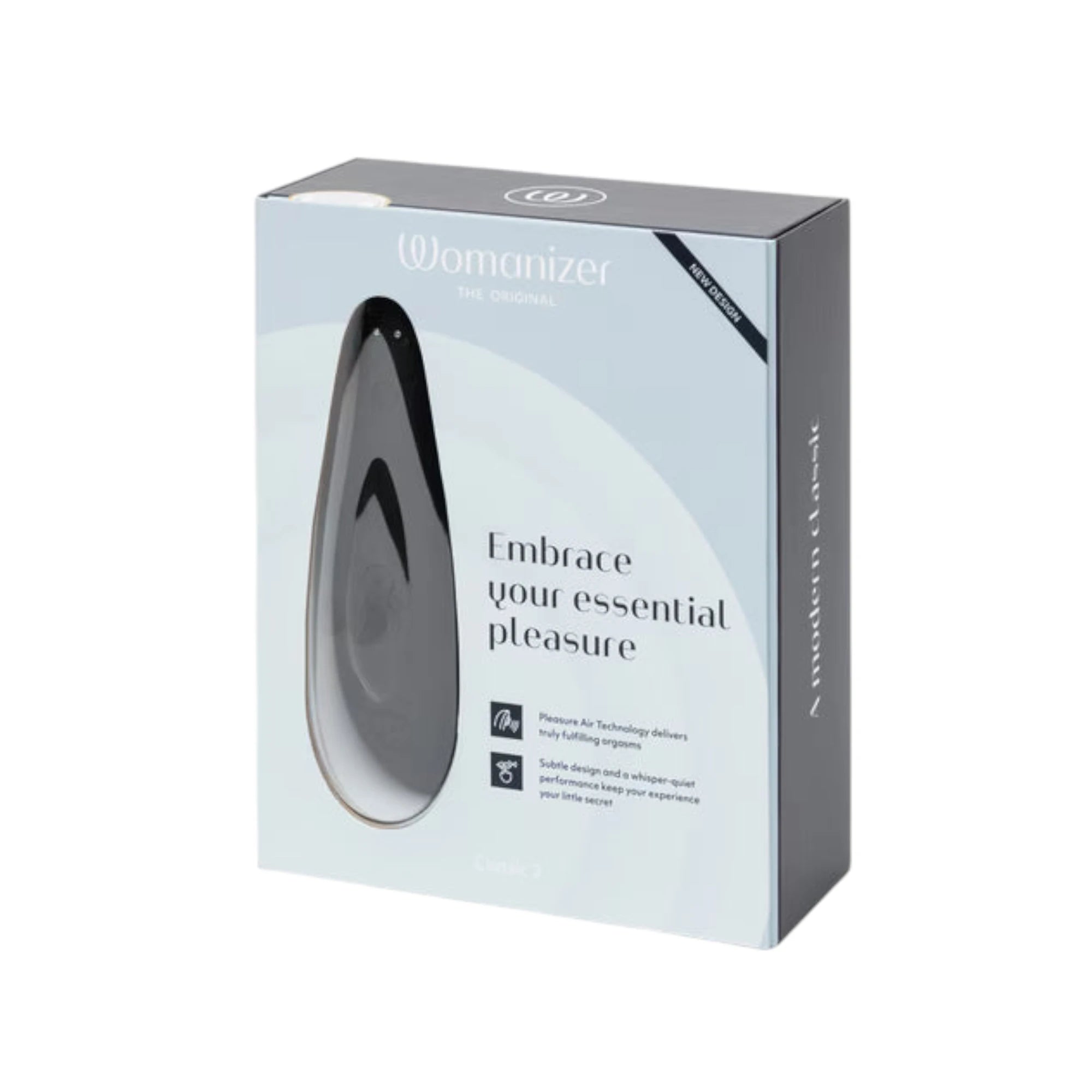 Womanizer Classic 2 packaging box with product image and "Embrace your essential pleasure" tagline against white background