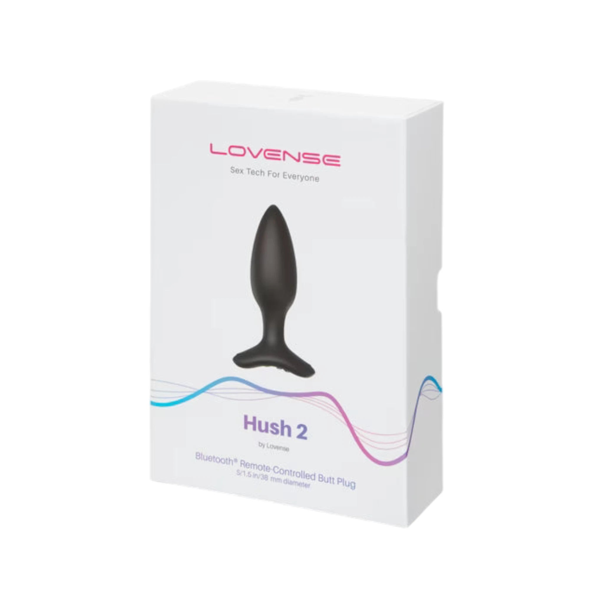 Lovense Hush 2 packaging box shown from front displaying Lovense branding in pink, 'Sex Tech For Everyone' tagline, product image of black vibrating butt plug, 'Hush 2' product name, 'by Lovense' text, 'Bluetooth Remote-Controlled Butt Plug' descriptor with size specifications, and blue-to-purple gradient wave design against white background
