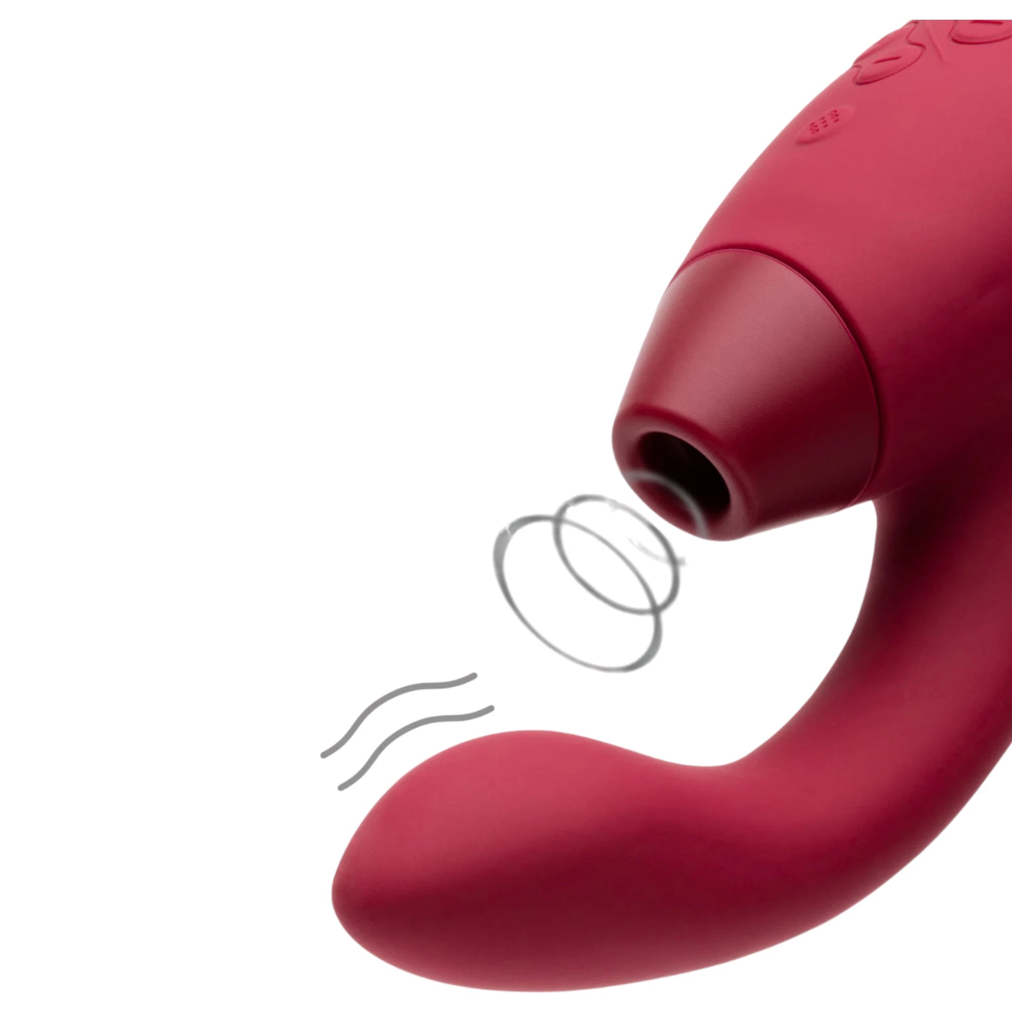 Womanizer Duo 2 burgundy dual stimulator showing suction head and vibration patterns against white background
