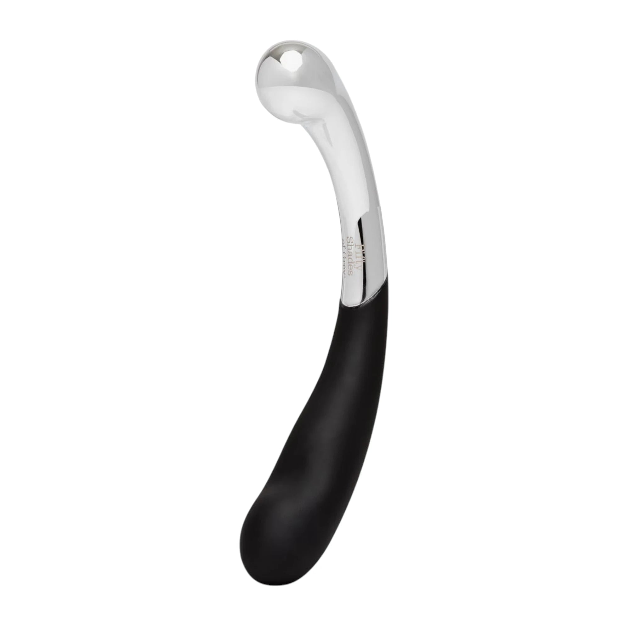 Fifty Shades of Grey Sweet Pressure dark steel and silicone double-ended dildo shown from front displaying curved shaft with rounded bulbous head, black silicone grip handle, chrome steel tip, and Fifty Shades of Grey branding against white background