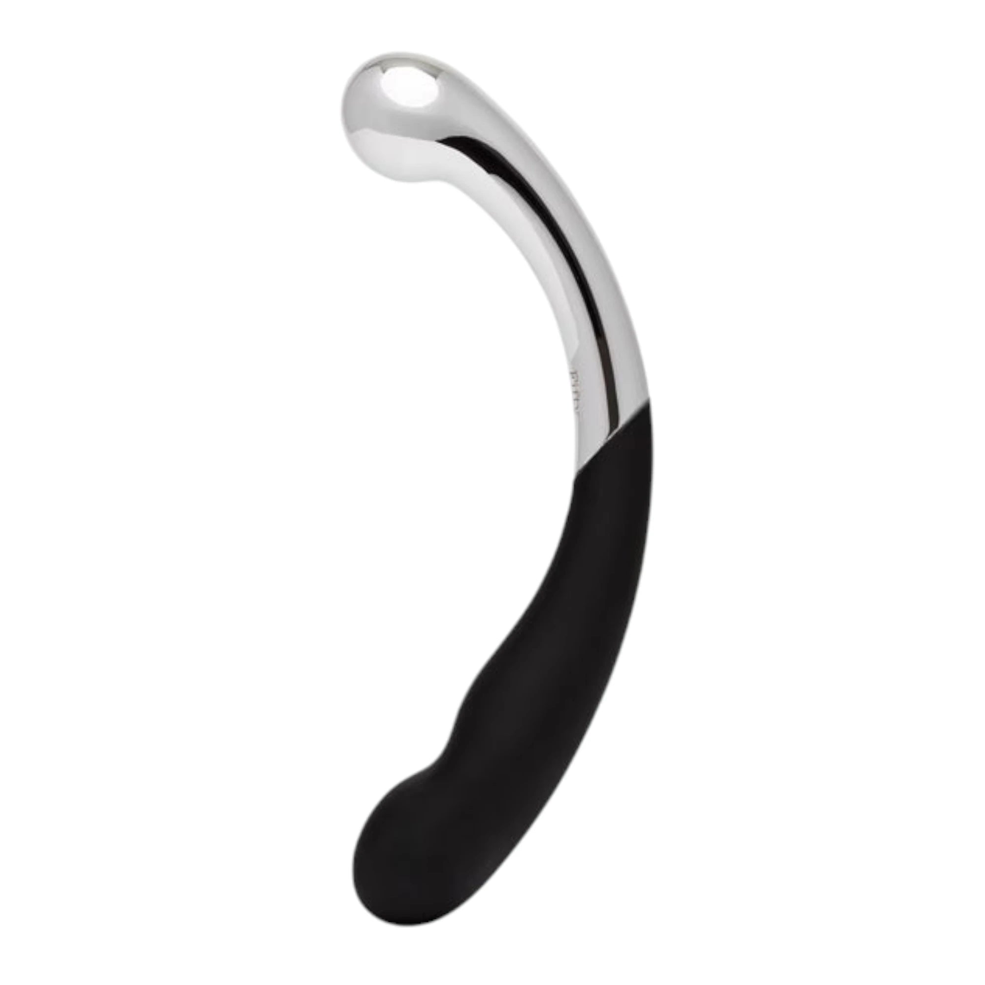 Fifty Shades of Grey Sweet Pressure dark steel and silicone double-ended dildo shown from side displaying curved chrome steel shaft with rounded bulbous head, black silicone grip handle, and smooth polished finish against white background