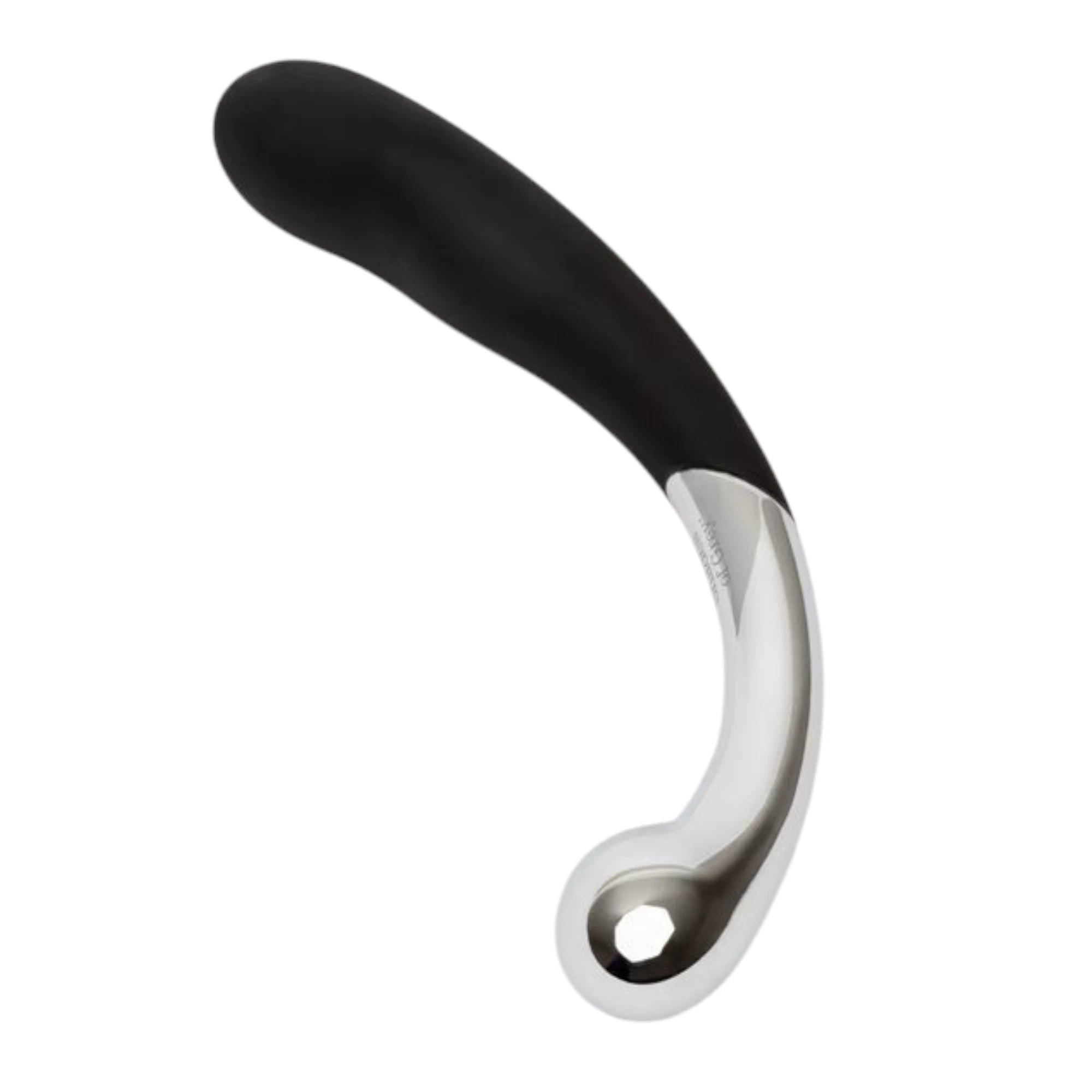 Fifty Shades of Grey Sweet Pressure dark steel and silicone double-ended dildo shown from reverse angle displaying curved chrome steel shaft with rounded bulbous end, black silicone grip handle, and polished metallic finish against white background