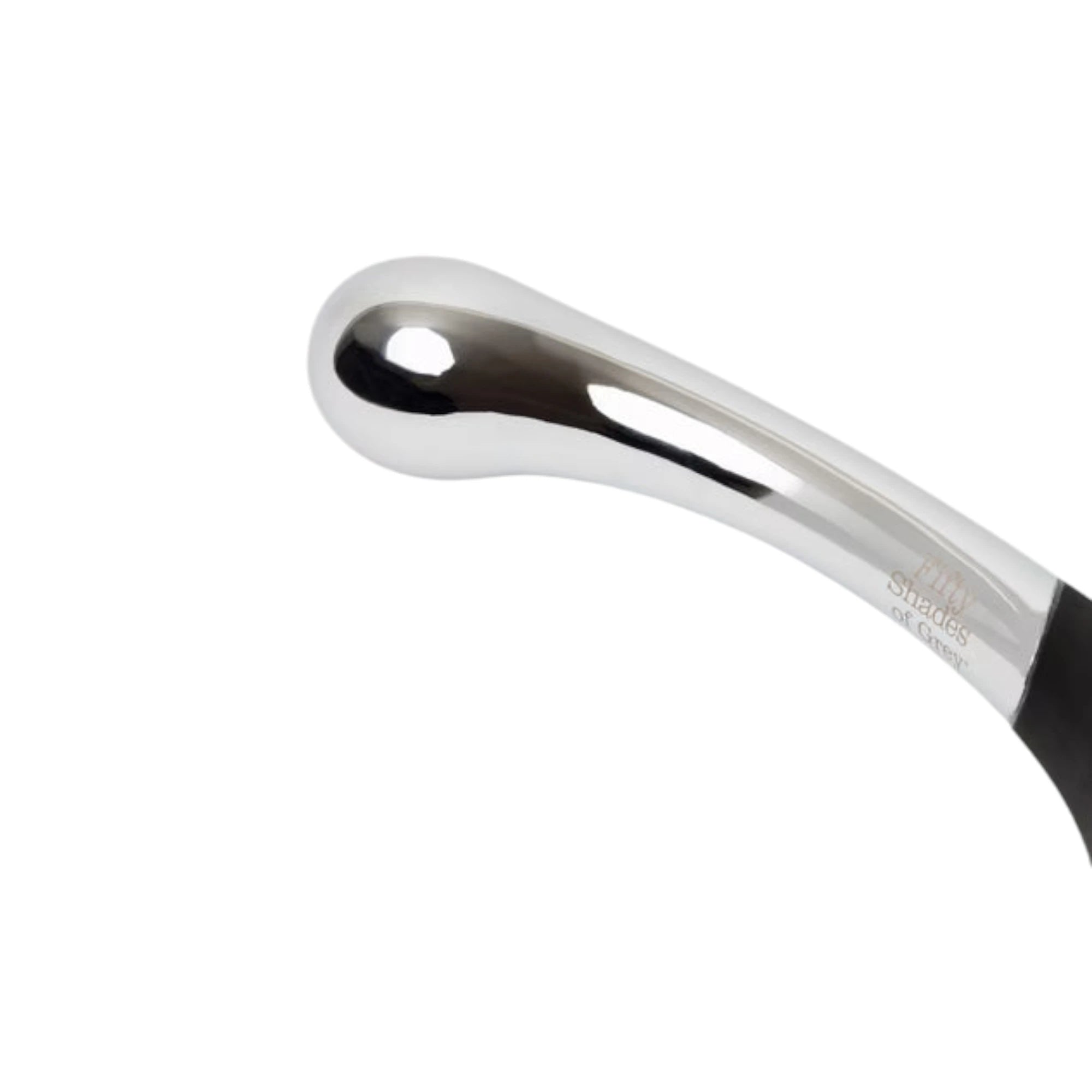 Fifty Shades of Grey Sweet Pressure dark steel and silicone double-ended dildo shown close up displaying polished chrome steel rounded bulbous tip, smooth metallic finish, Fifty Shades of Grey branding on shaft, and black silicone grip against white background