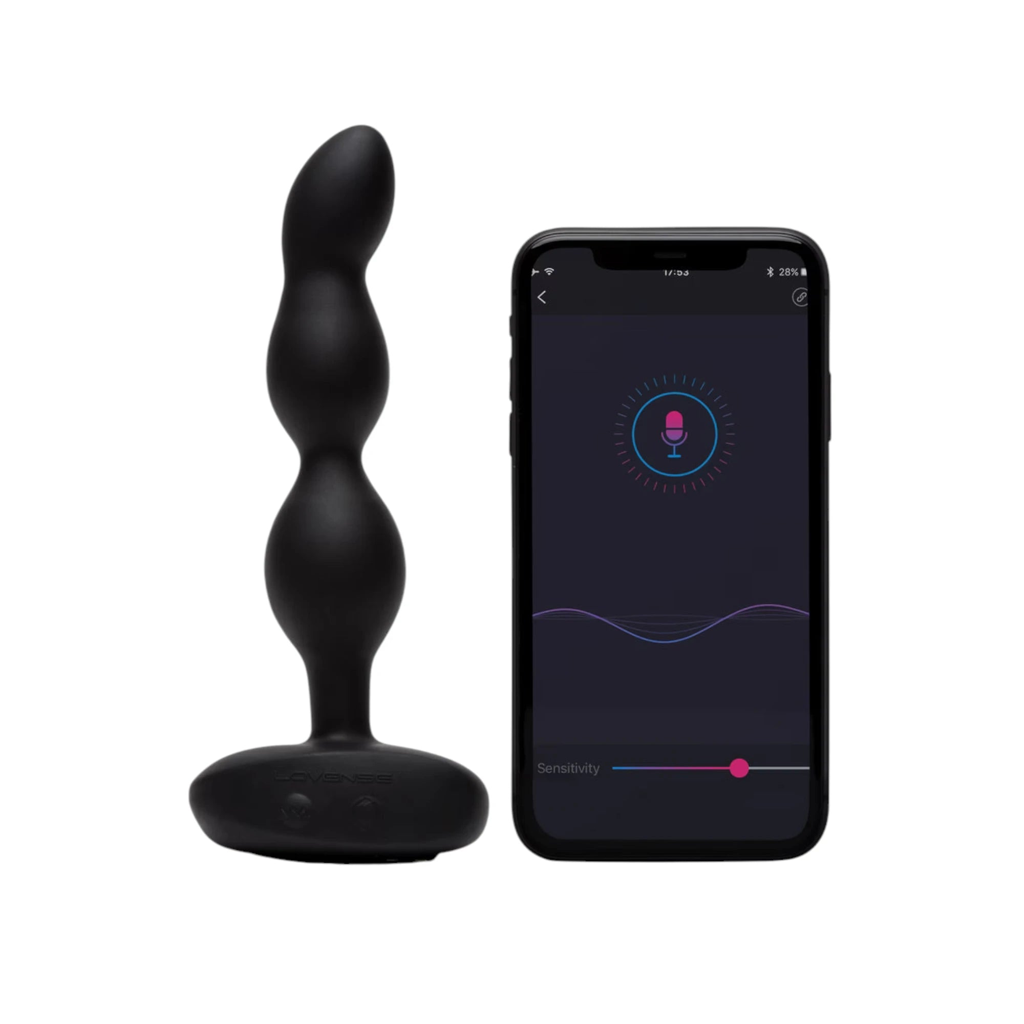 Lovense Ridge black rotating and vibrating anal beads displayed next to smartphone showing Lovense app control interface with microphone icon, sensitivity slider, and blue wave pattern visualization at 17:53 against white background