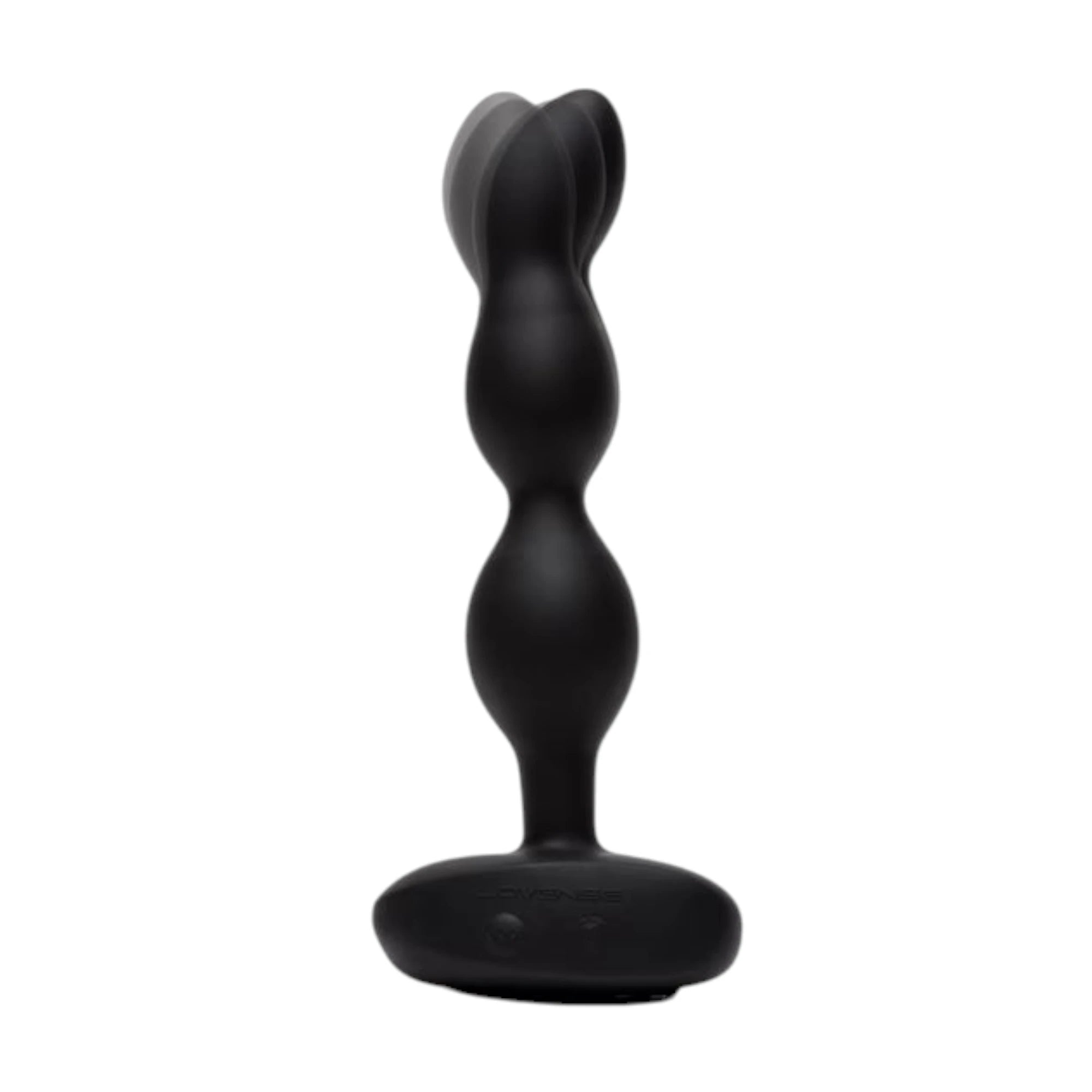 Lovense Ridge black rotating and vibrating anal beads shown from front displaying textured bead design with multiple rounded segments, tapered tip, smooth silicone finish, and wide flared base with Lovense branding against white background