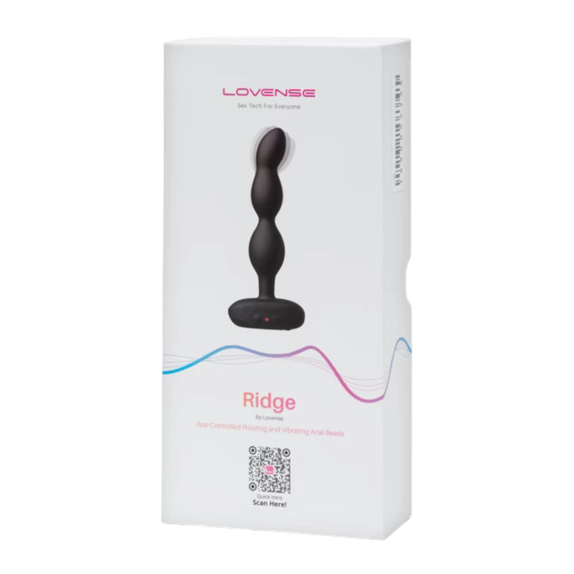 Lovense Ridge packaging box shown from front displaying Lovense branding in pink, 'Sex Tech For Everyone' tagline, product image of black rotating and vibrating anal beads with flared base, 'Ridge' product name, 'by Lovense' text, 'App Controlled Rotating and Vibrating Anal Beads' descriptor, QR code with 'Scan Here' text, and blue-to-purple gradient wave design against white background