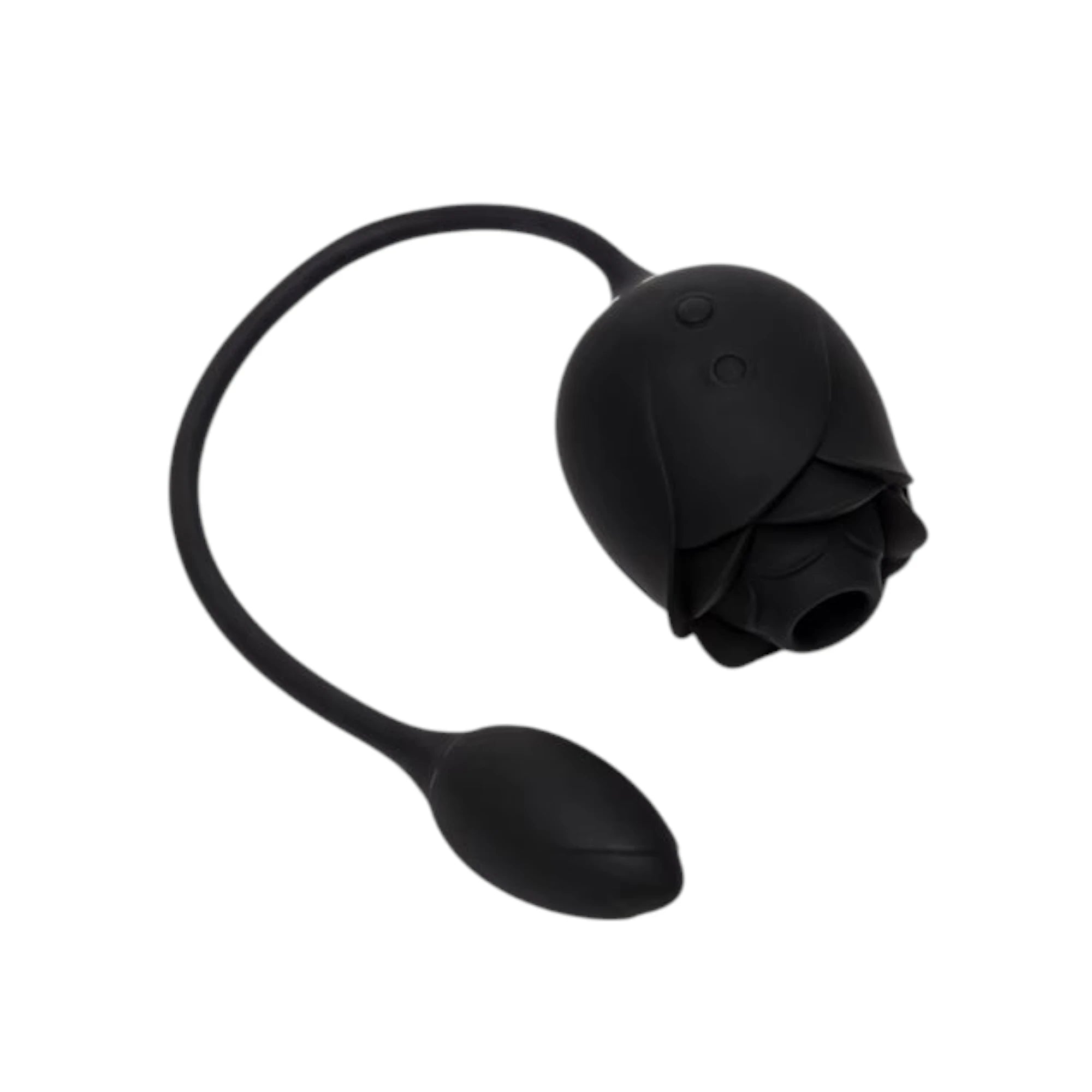 Fifty Shades of Grey Dark Blushing Rose clitoral suction stimulator and vibrating egg shown from above displaying black silicone rose-shaped suction head with petal detail, black remote control egg, flexible connecting cord, and smooth finish against white background