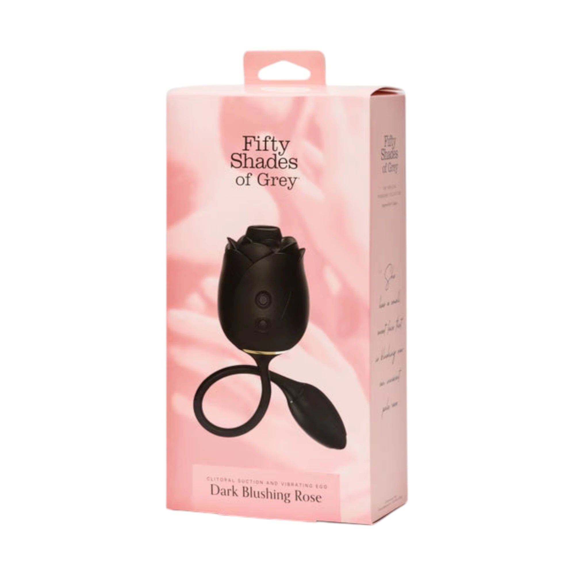 Fifty Shades of Grey Dark Blushing Rose clitoral suction stimulator and vibrating egg packaging box shown from front displaying Fifty Shades of Grey branding, product image of black rose-shaped suction head and remote control egg with connecting cord, 'Dark Blushing Rose' label, 'Clitoral Suction and Vibrating Egg' text, pink and white packaging design, and cardboard carry handle against white background
