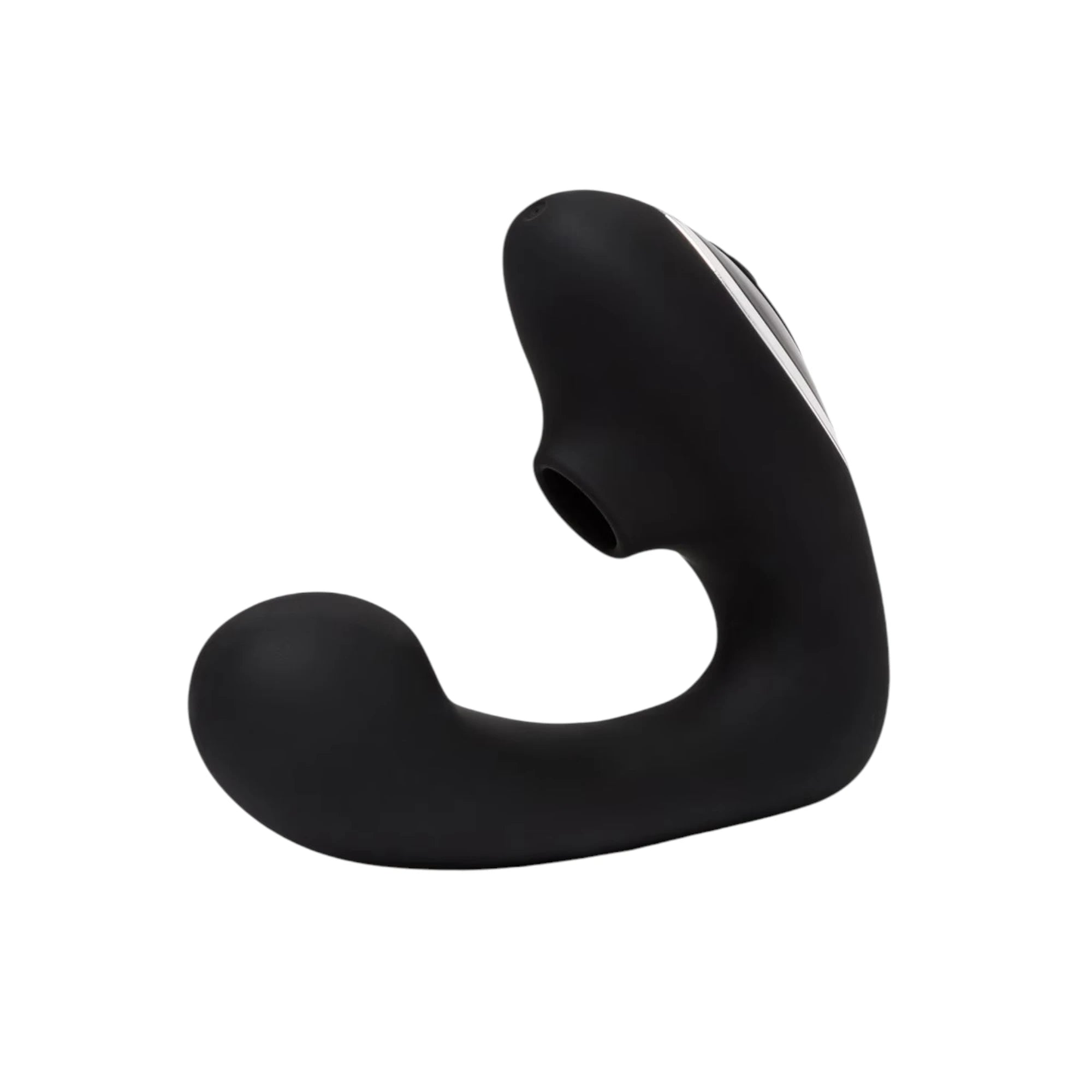 Fifty Shades of Grey Greedy Girl Duet dual stimulator in black silicone shown from side displaying curved G-spot shaft, clitoral suction opening, smooth finish, and silver accent band against white background