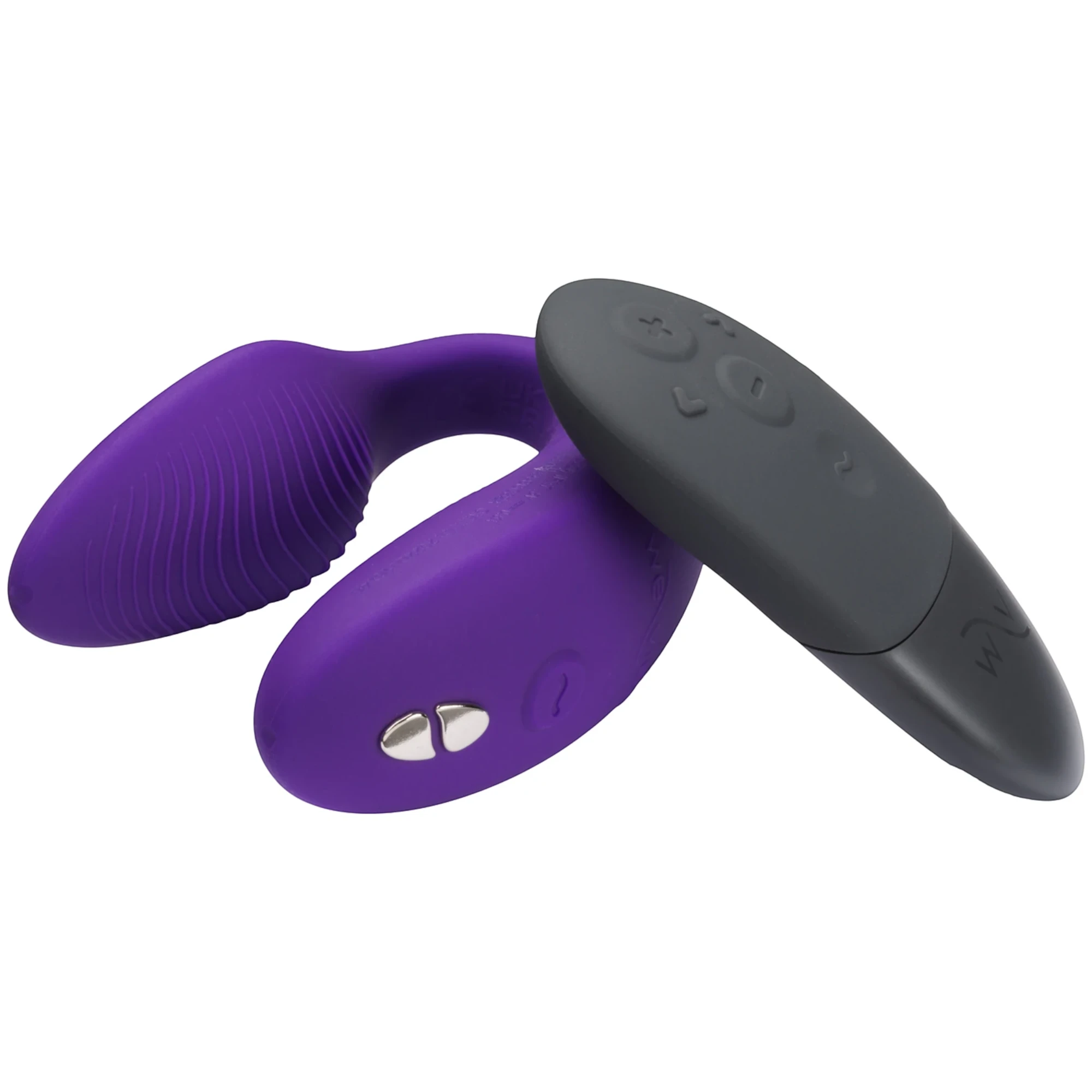 We-Vibe Sync 2 purple couples vibrator with black wireless remote control against white background