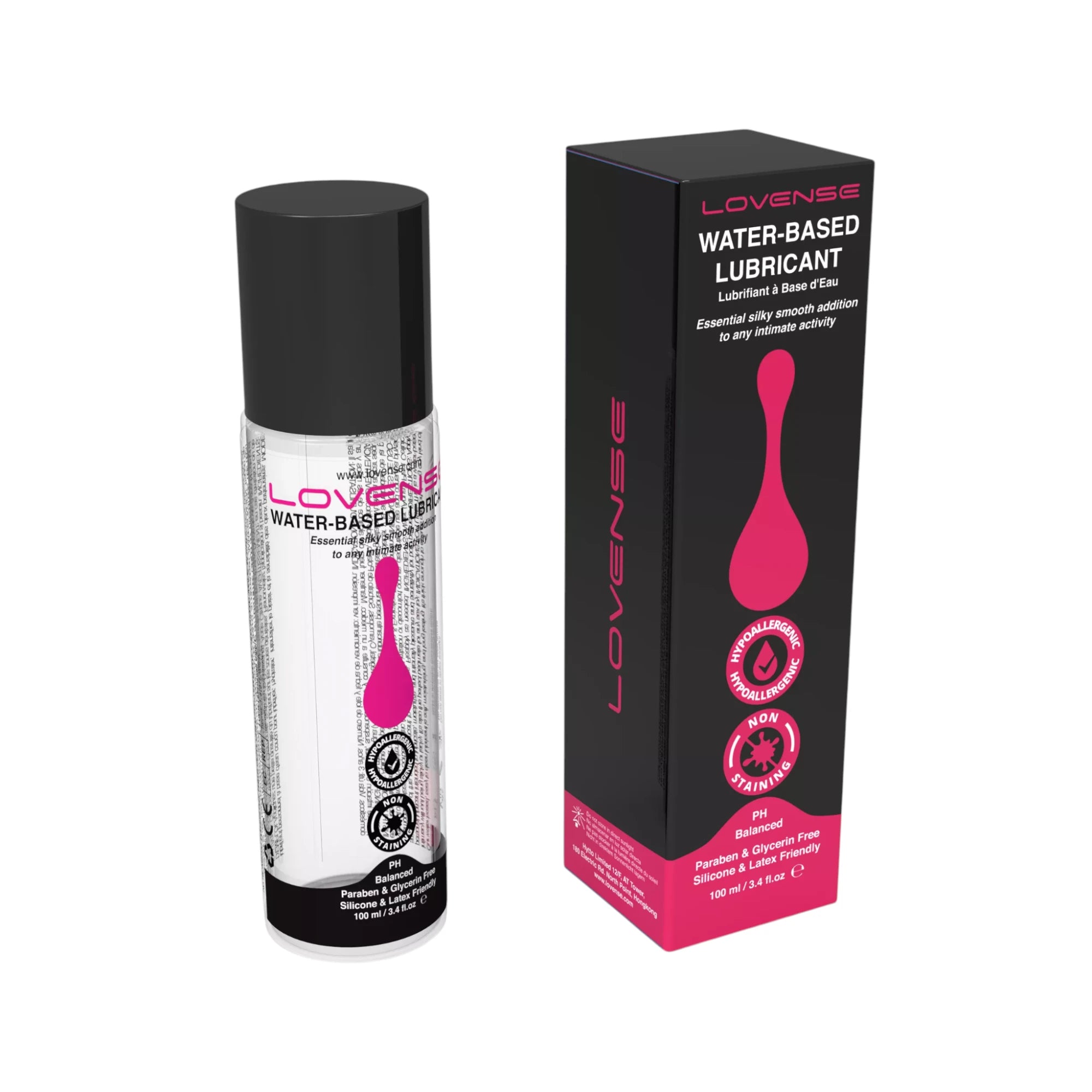 Lovense water-based lubricant 100ml shown with the clear bottle and black cap alongside the black retail box, featuring Lovense branding and label icons for hypoallergenic, non-staining and pH balanced formula against a white background.