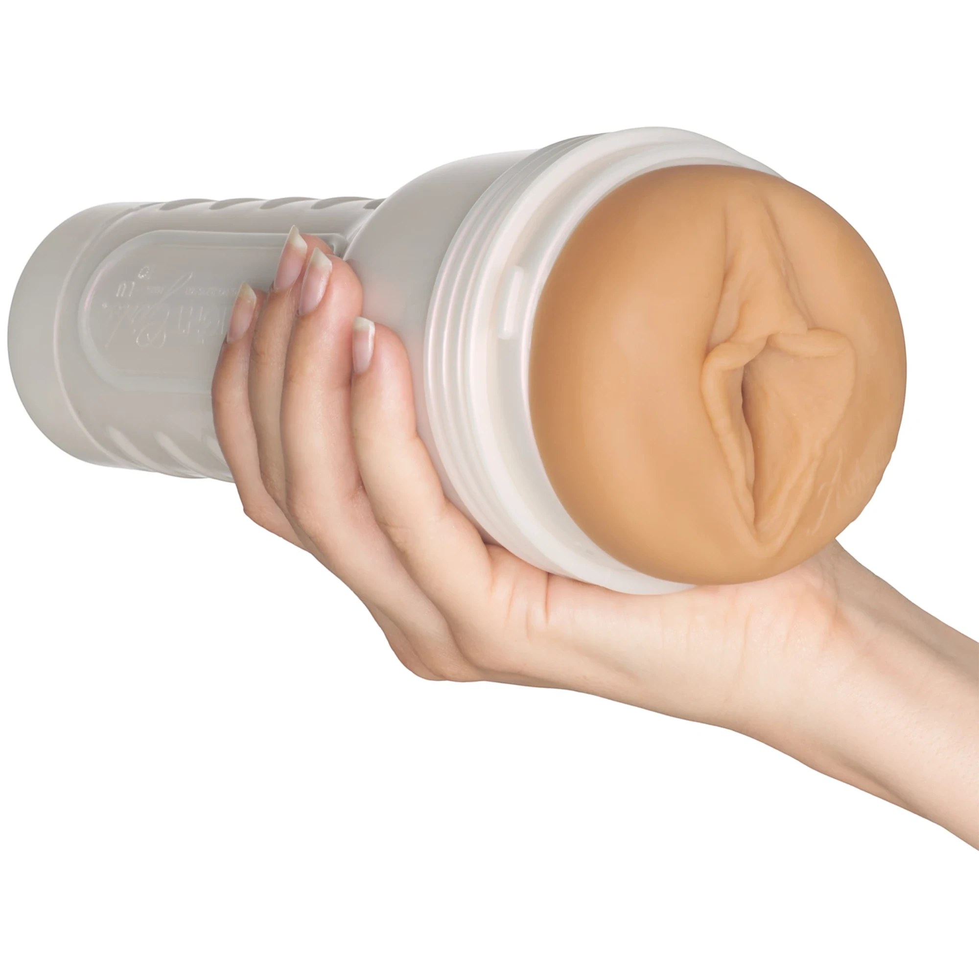 Fleshlight Autumn Falls Cream texture female masturbator held in hand displaying realistic beige TPE opening with detailed texture, white ribbed casing with removable cap, and compact size against white background