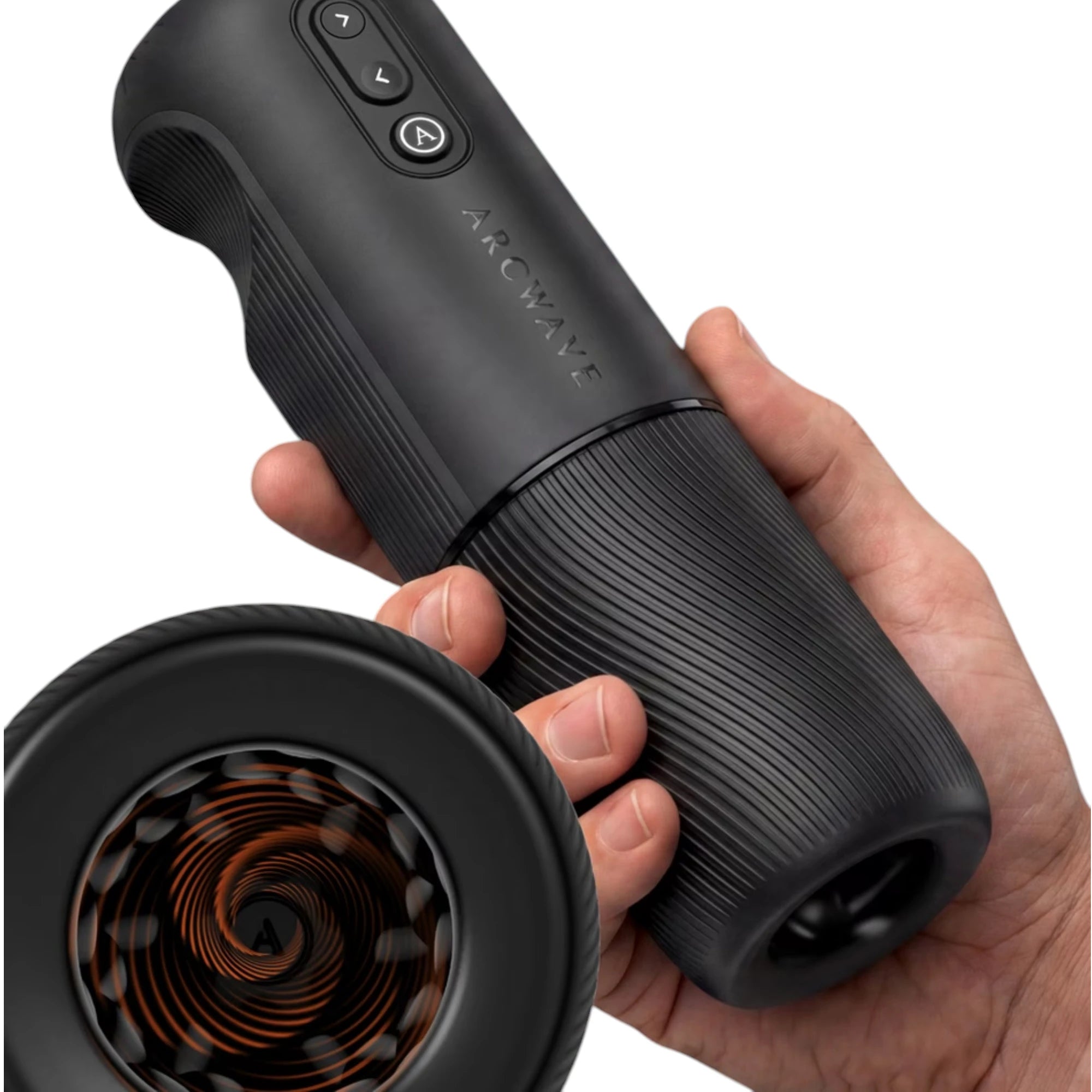 Arcwave Orbit black automatic rotating male masturbator held in hand displaying control buttons, Arcwave branding, textured grip, and close-up of rotating interior chamber with orange spiral pattern against white background